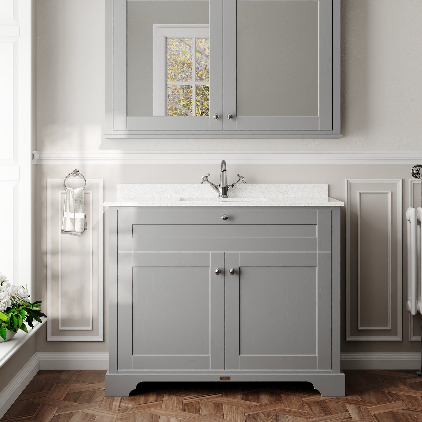 Hudson Reed Old London 1000mm Floor Standing 2 Door Vanity Basin Unit with White Marble Top Basin