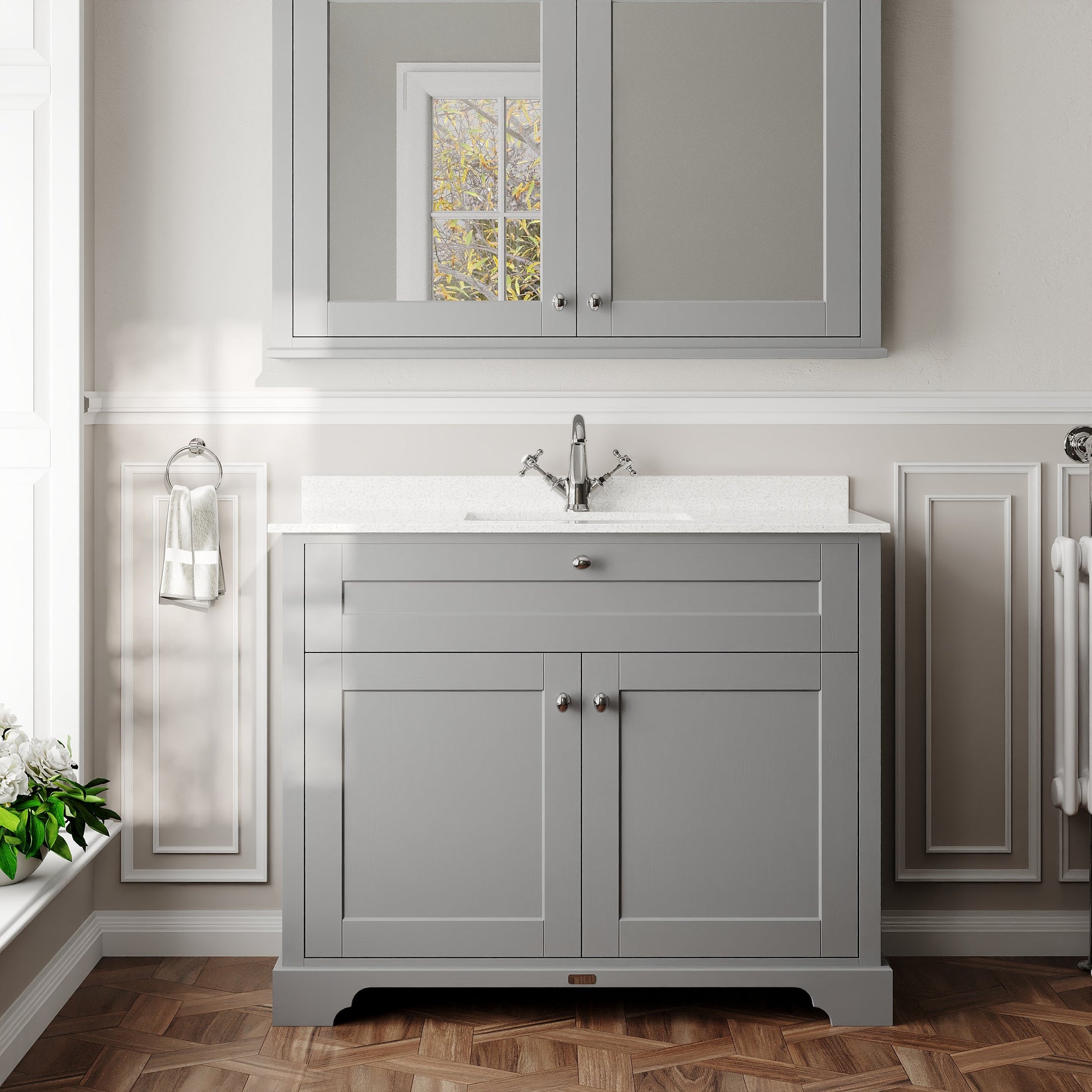 Hudson Reed Old London 1000mm Floor Standing 2 Door Vanity Basin Unit with White Marble Top Basin