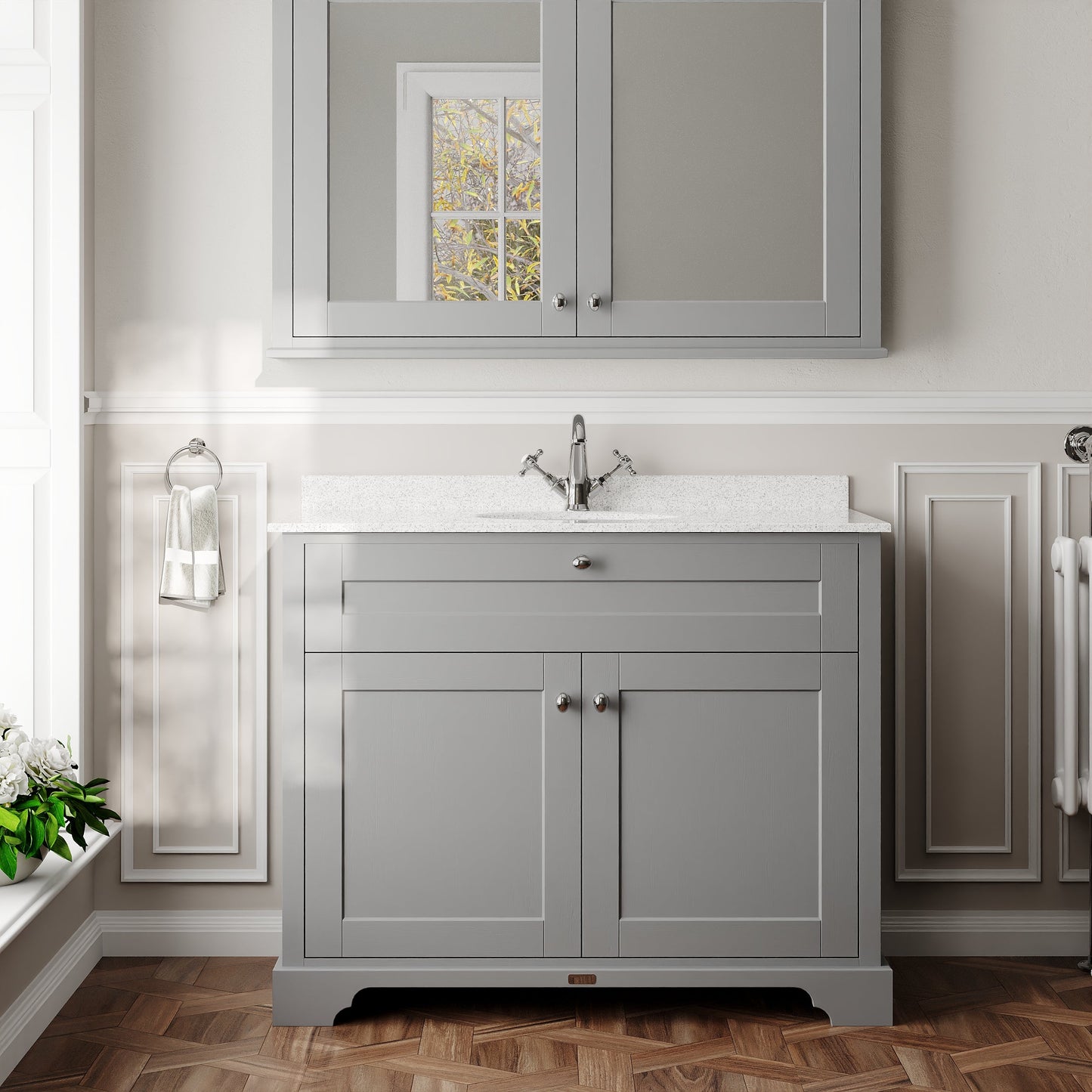 Hudson Reed Old London 1020mm Storm Grey Floor Standing 2 Door Vanity Unit With White Marble Top Basin & 1 Tap Hole