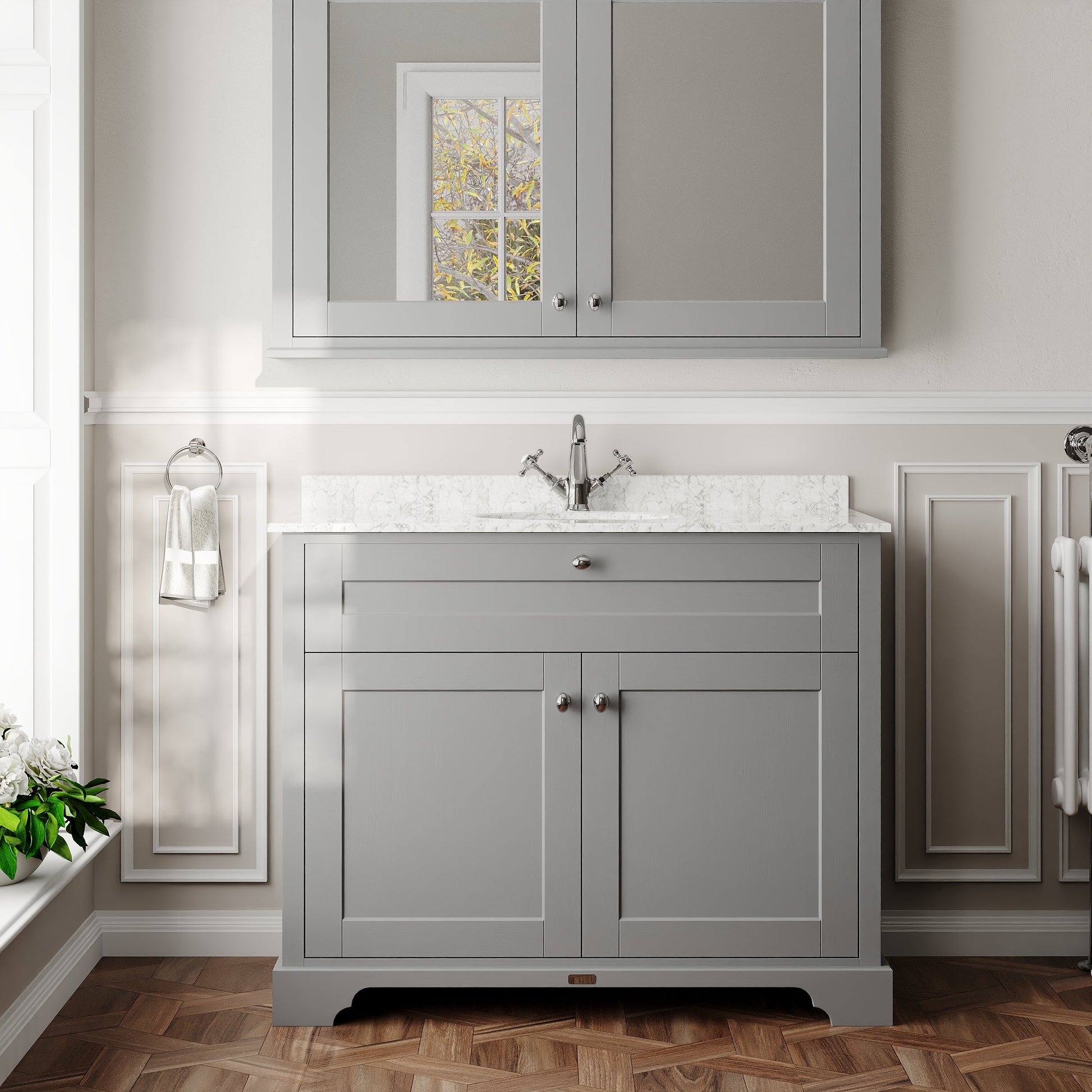 Floor Standing 2 Door Vanity Unit with 1 Tap Hole Grey Marble Top 1000mm