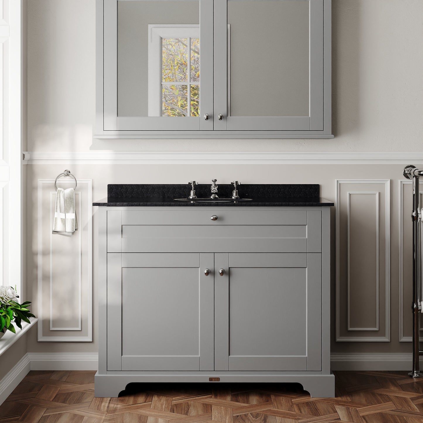 Hudson Reed Old London 1000mm Storm Grey Floor Standing 2 Door Vanity Unit With 3 Tap Hole Black Marble Top Basin