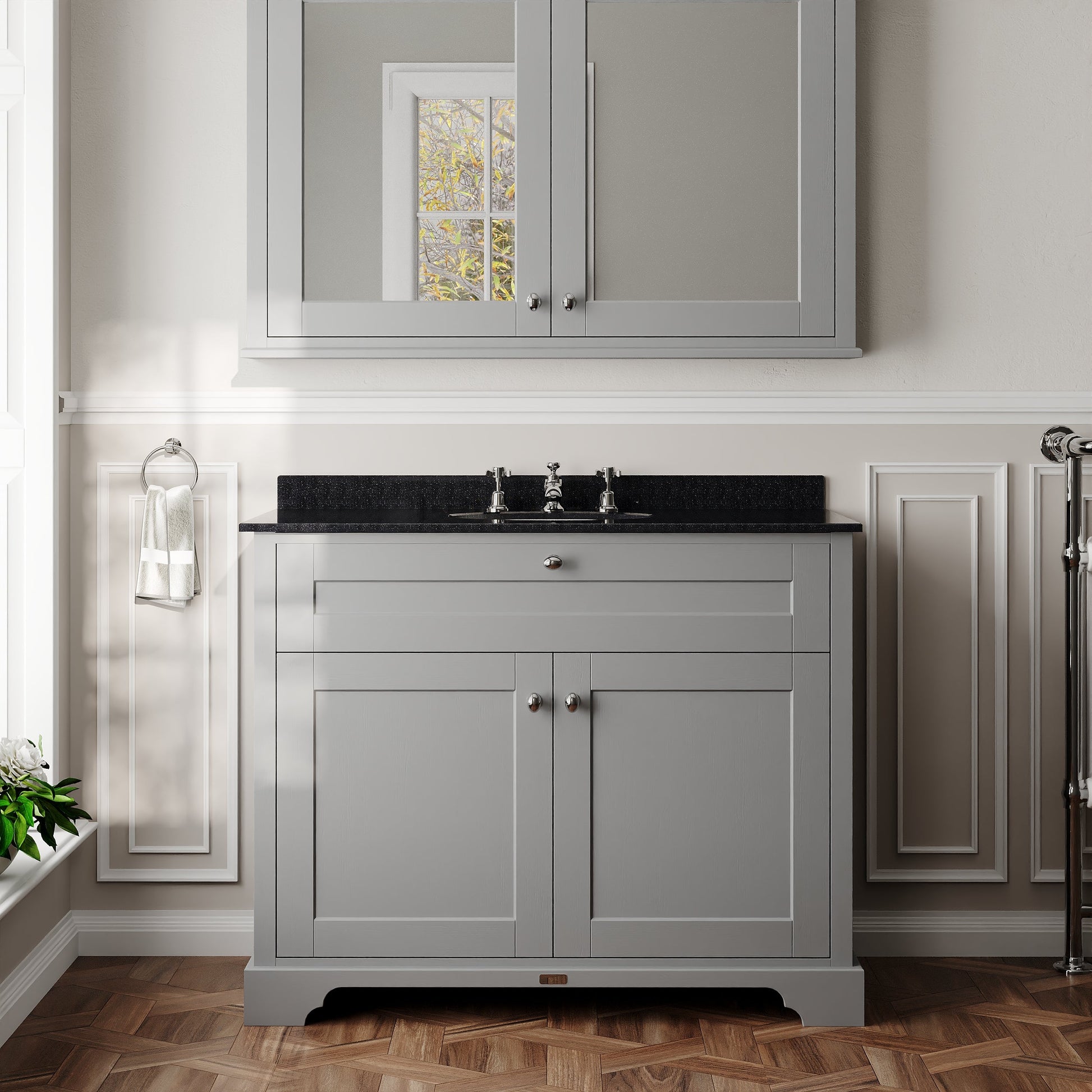 Hudson Reed Old London 1000mm Storm Grey Floor Standing 2 Door Vanity Unit With 3 Tap Hole Black Marble Top Basin