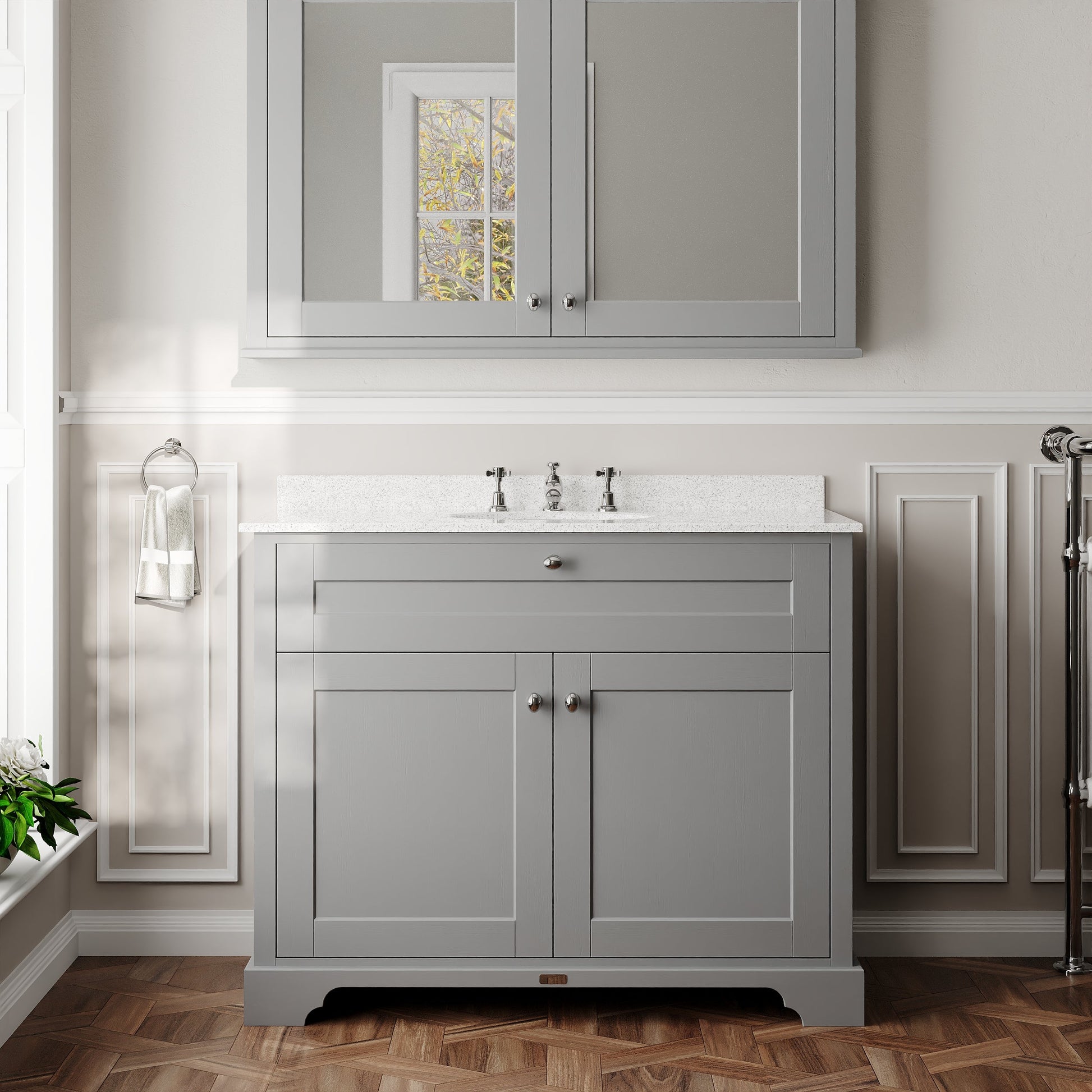 Floor Standing 2 Door Vanity Unit with 1 Tap Hole White Marble Top 1000mm