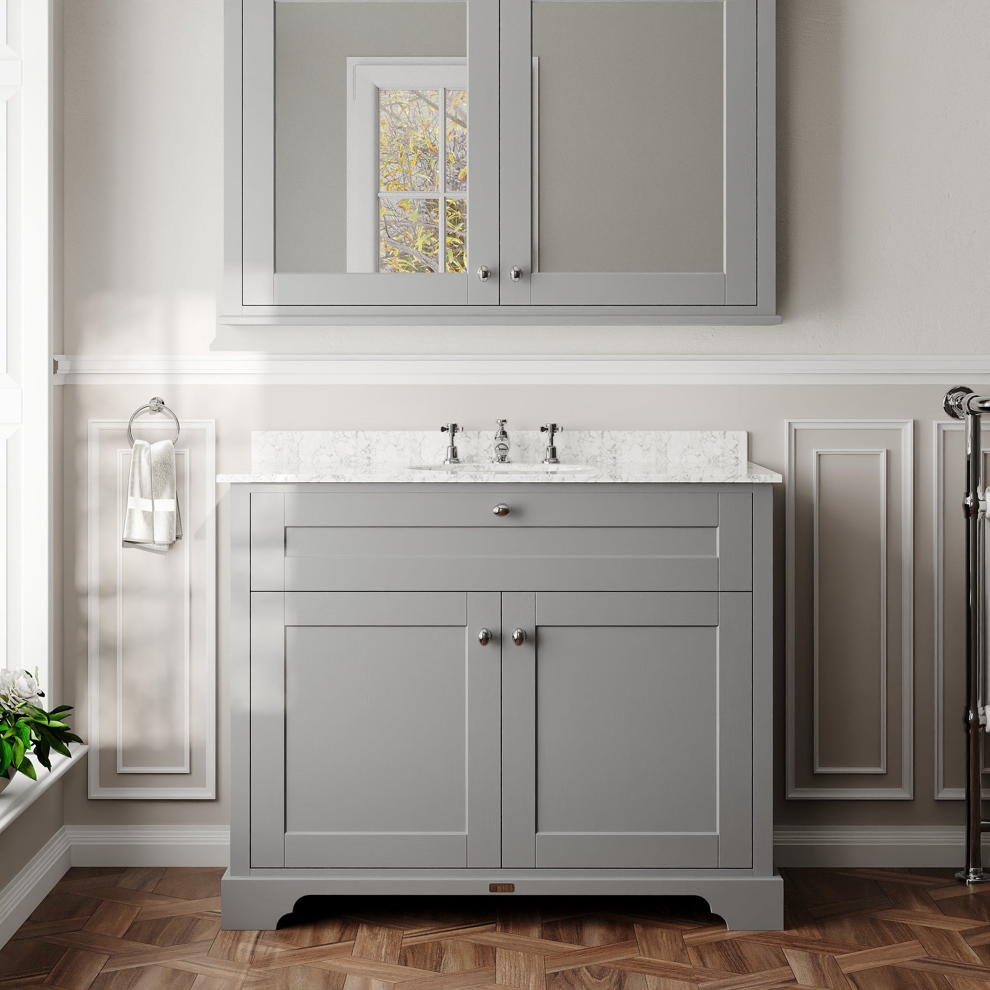 Hudson Reed Old London 1000mm Storm Grey Floor Standing 2 Door Vanity Unit With Grey Marble Top Basin 3 Taphole