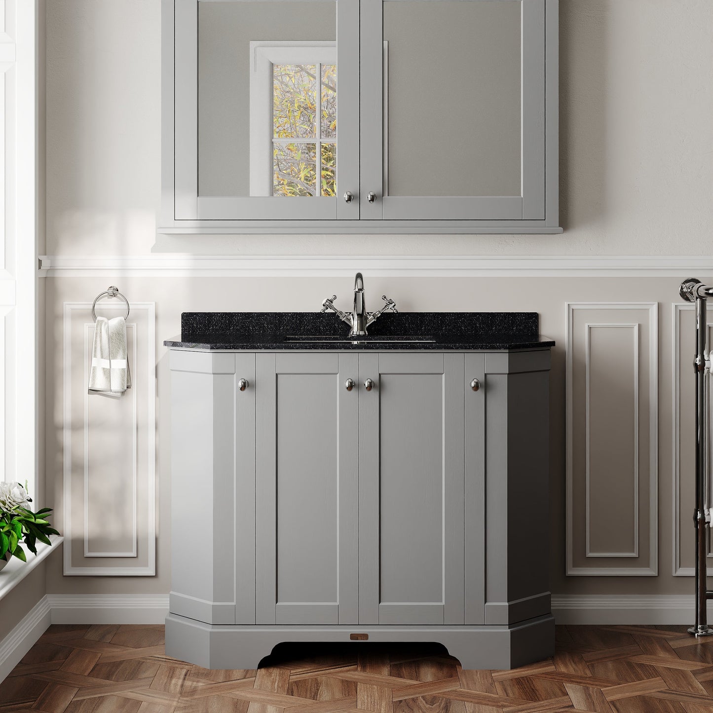 Hudson Reed Old London 1000mm Storm Grey Floor Standing 4 Door Vanity Unit with 1 Tap Hole Black Marble Top Basin