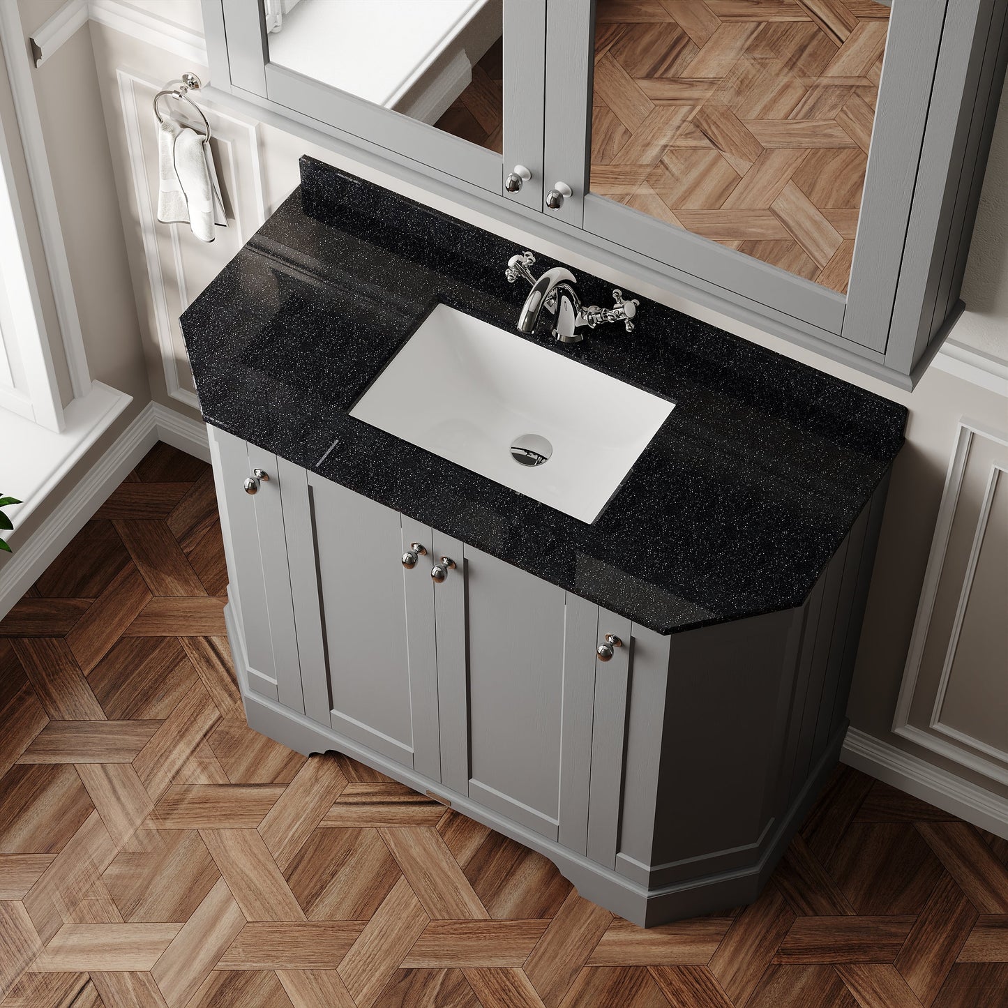 Hudson Reed Old London 1000mm Storm Grey Floor Standing 4 Door Vanity Unit with 1 Tap Hole Black Marble Top Basin