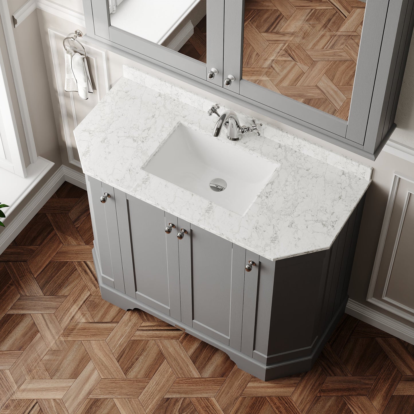 Hudson Reed Old London 1000mm Storm Grey Floor Standing 4 Door Vanity Unit with 1 Tap Hole White Marble Top Basin