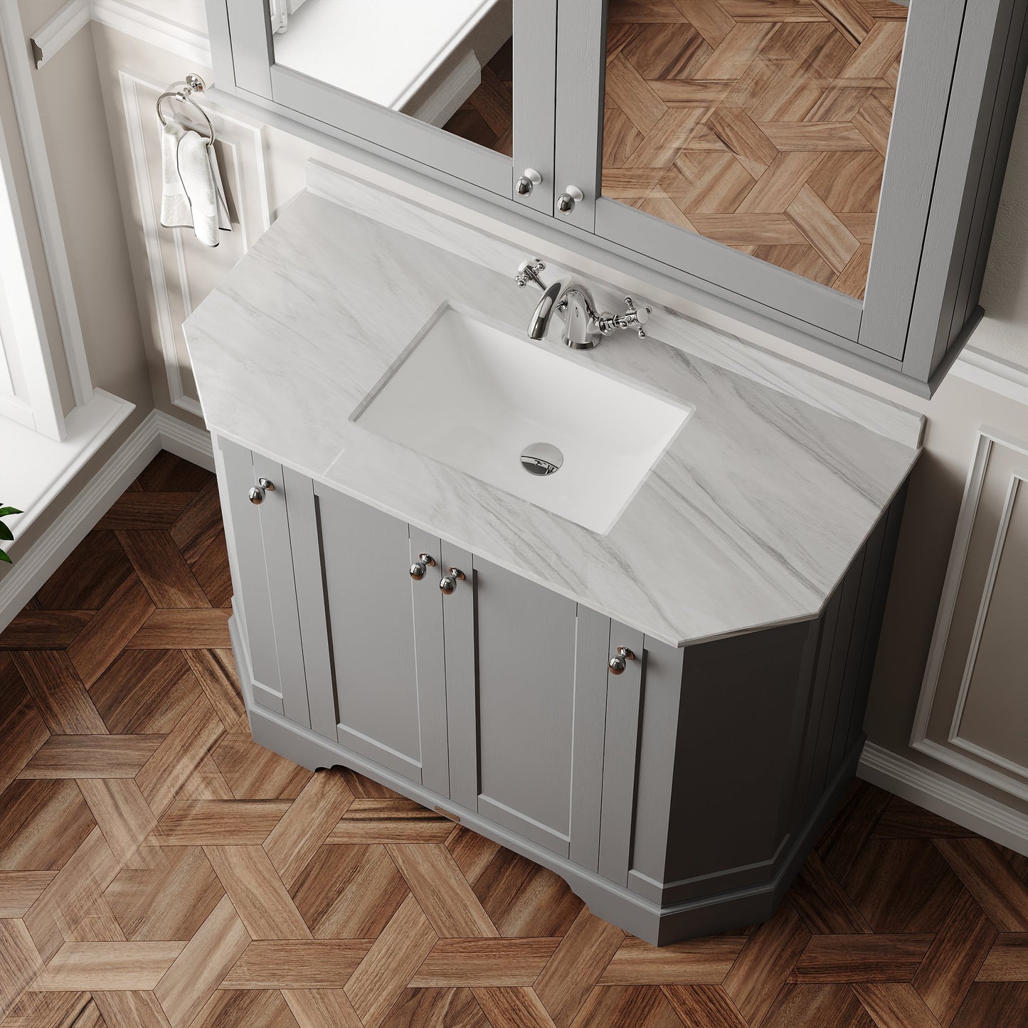 Hudson Reed Old London 1036mm Storm Grey Floor Standing 4 Door Vanity Unit with 1 Tap Hole Grey Marble Top Basin
