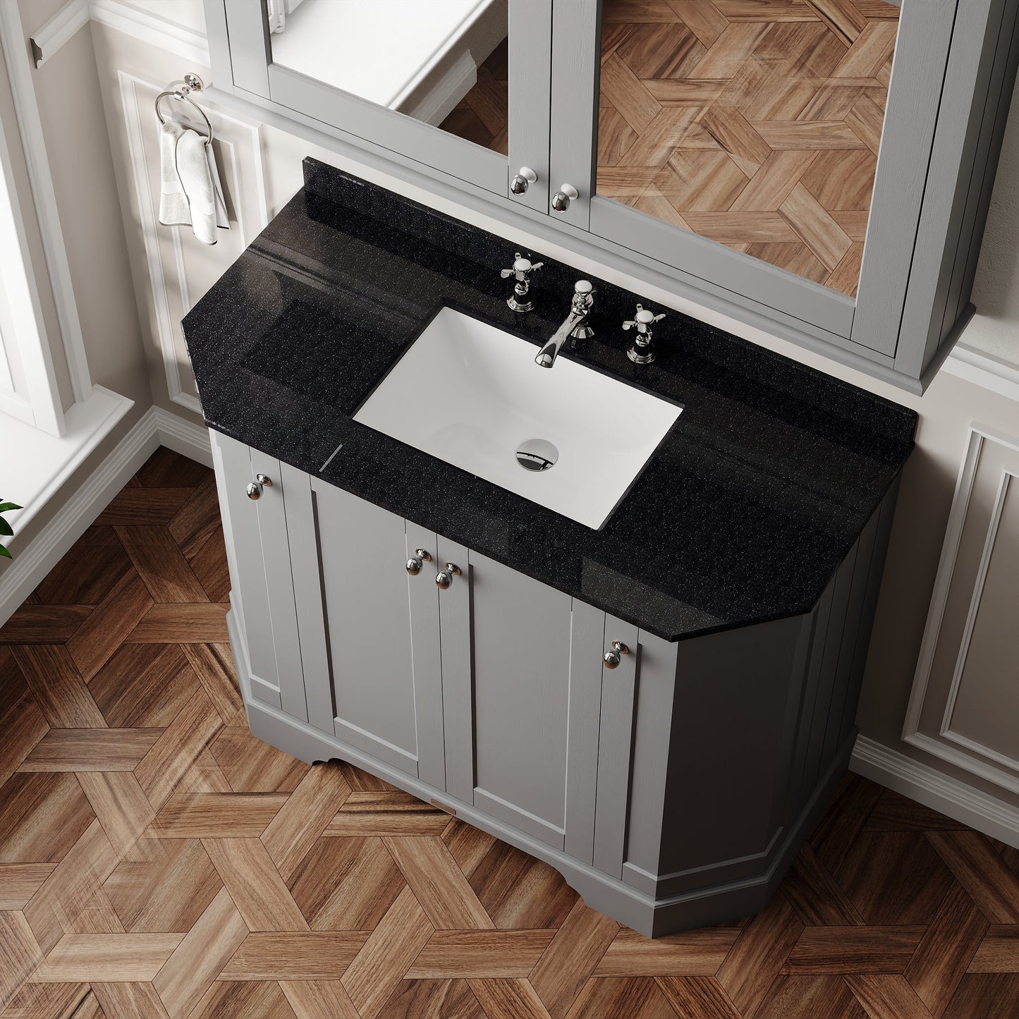 Hudson Reed Old London 1036mm Floor Standing 4 Door Vanity Unit with 3 Tap Hole Black Marble Top Basin and Backsplash