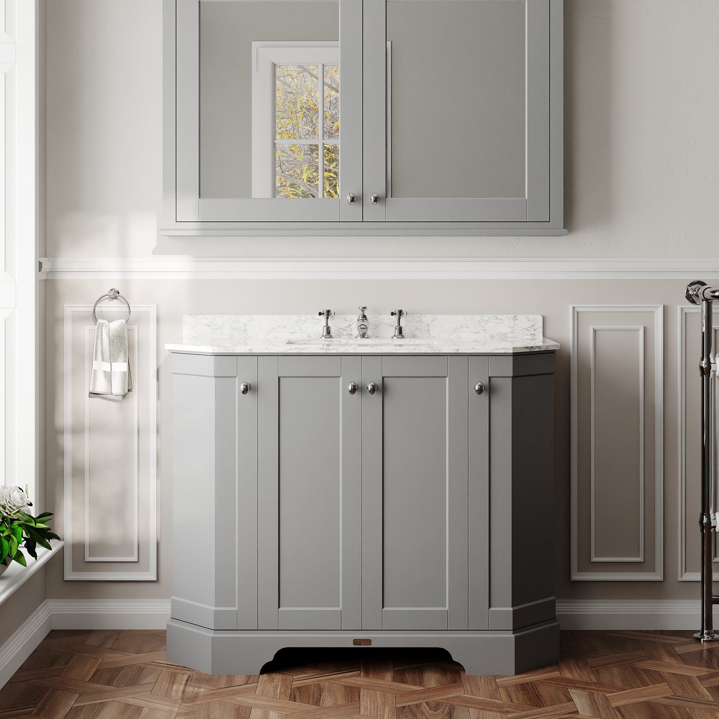 Hudson Reed Old London 1036mm Storm Grey Floor Standing Vanity Unit With 3 Tap Hole White Marble Top Basin