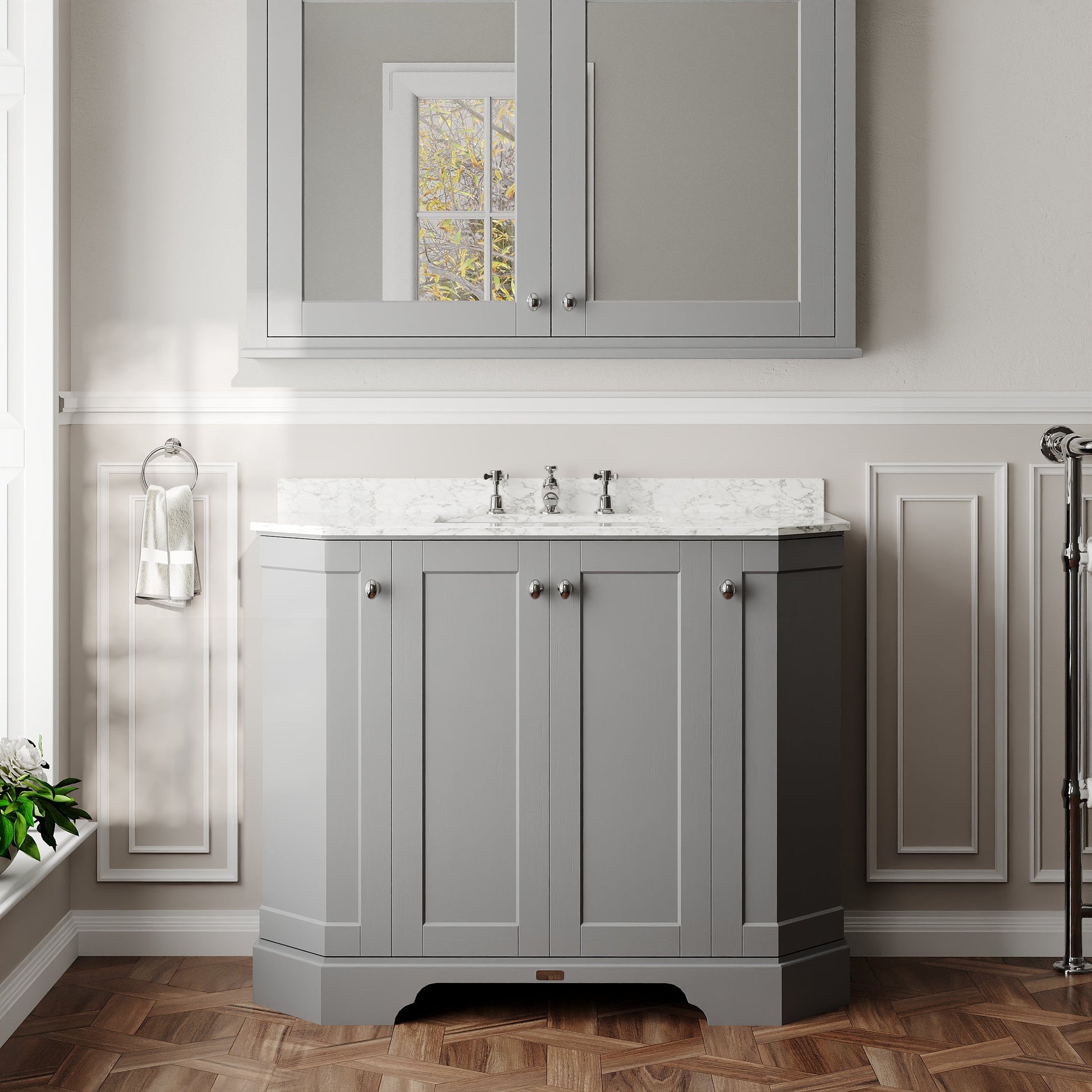 Hudson Reed Old London 1036mm Storm Grey Floor Standing Vanity Unit With 3 Tap Hole White Marble Top Basin
