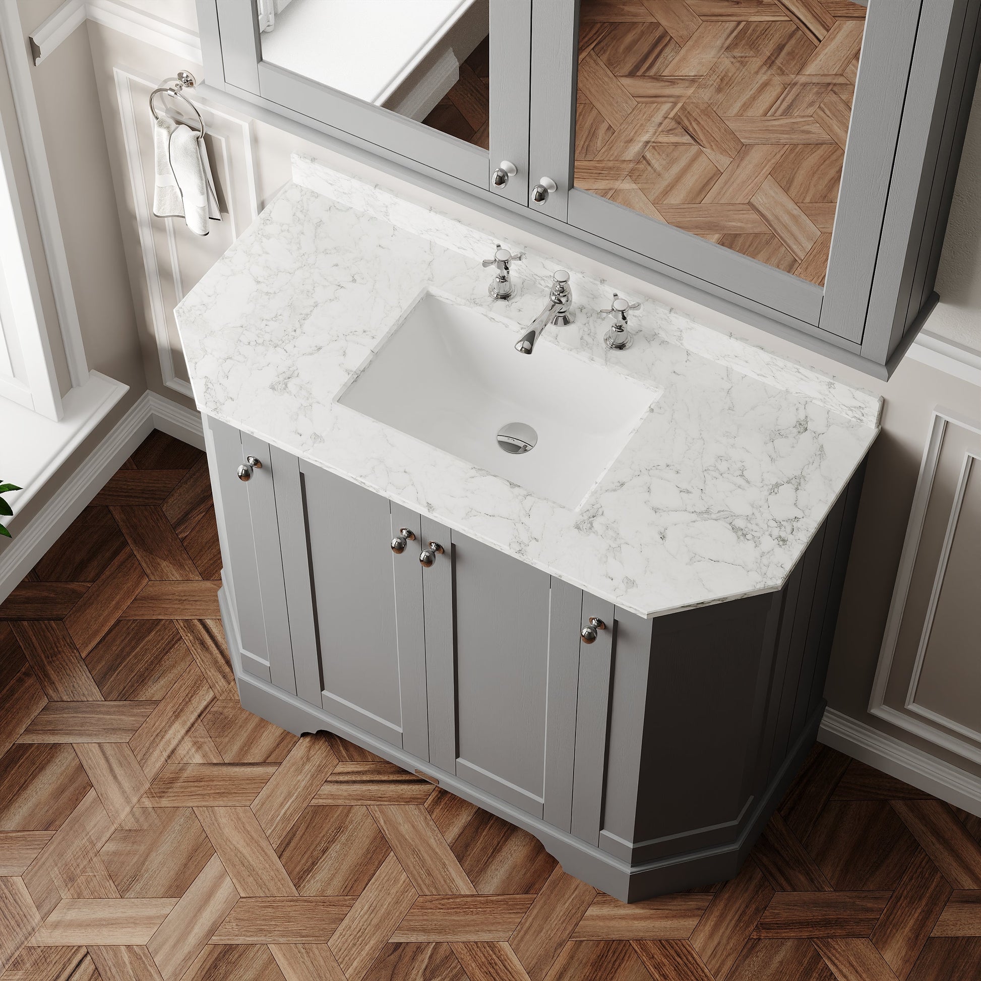 Hudson Reed Old London 1036mm Storm Grey Floor Standing Vanity Unit With 3 Tap Hole White Marble Top Basin