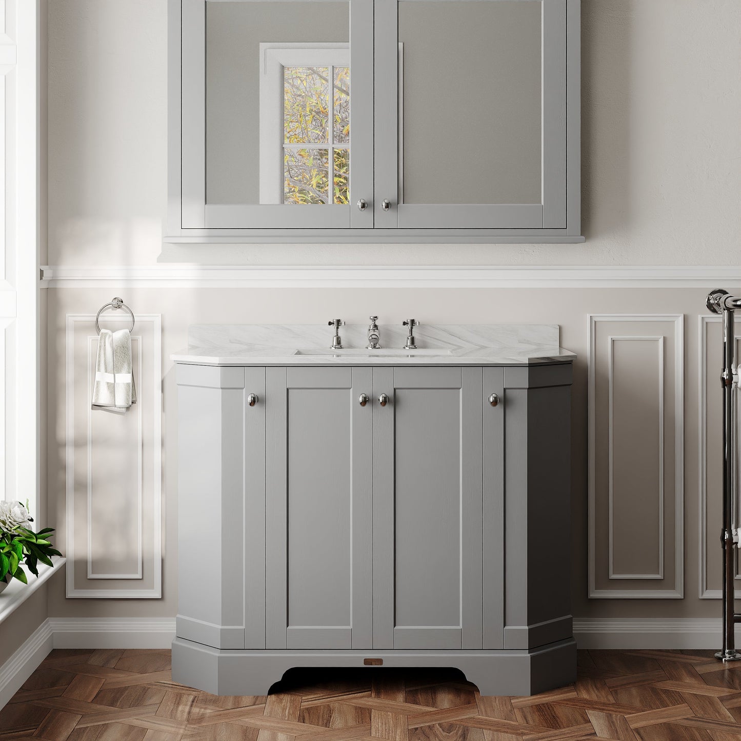 Hudson Reed Old London 1000mm Storm Grey 4 Door Floor Standing Vanity Unit with 3 Tap Hole Marble Top Basin