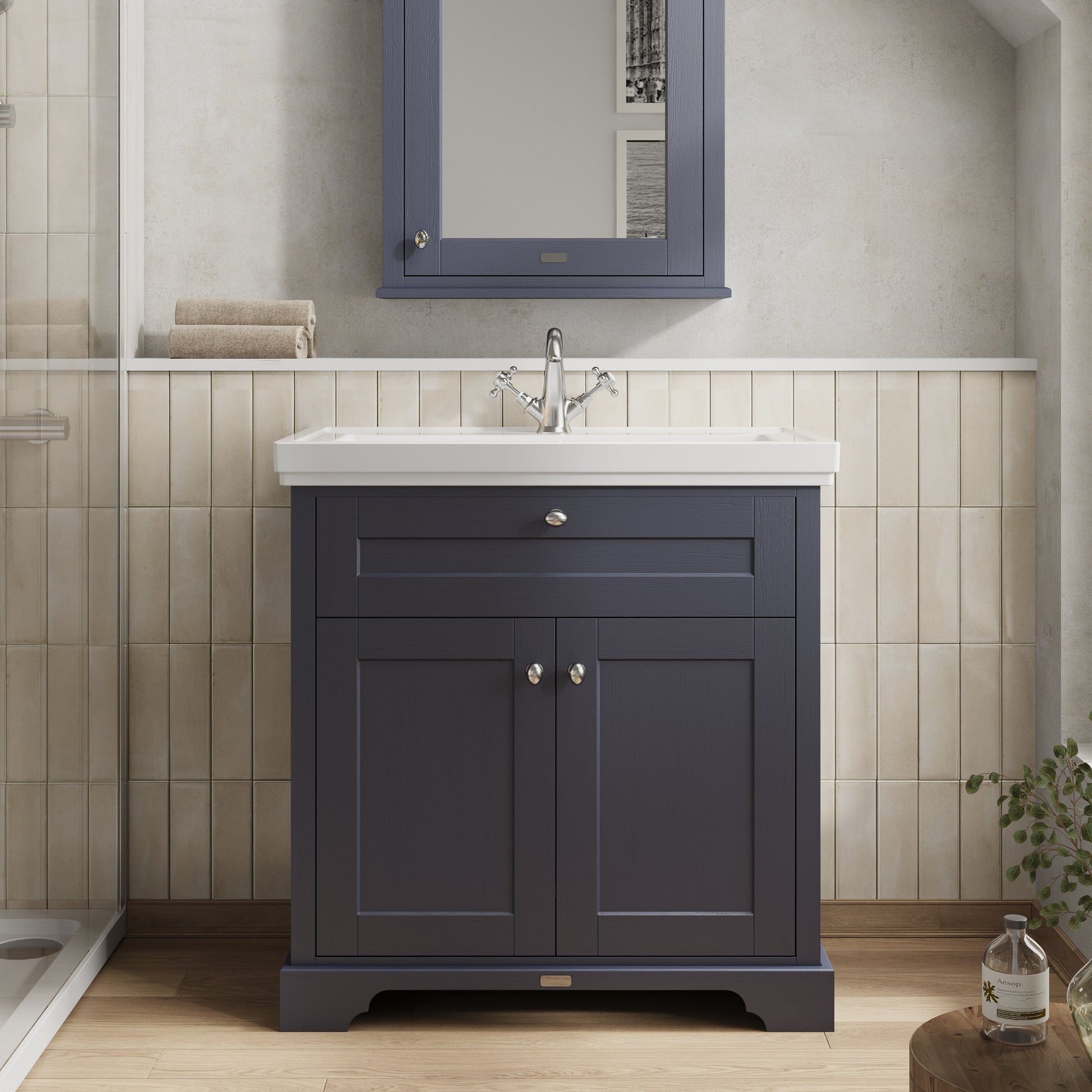 Hudson Reed Old London 800mm Twilight Blue Floor Standing 2 Door Vanity Unit With 1 Tap Hole Fireclay Basin
