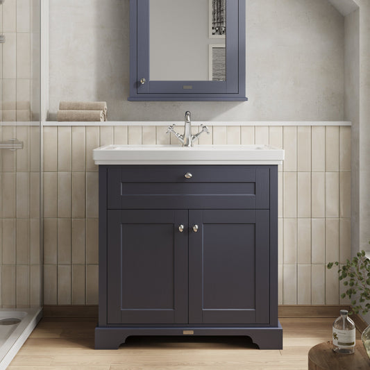 Hudson Reed Old London 800mm Twilight Blue Floor Standing 2 Door Vanity Unit With 1 Tap Hole Fireclay Basin