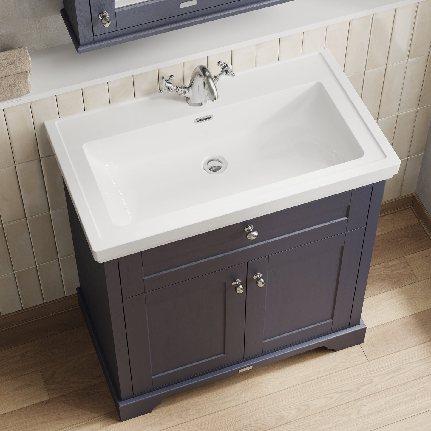 Hudson Reed Old London 800mm Twilight Blue Floor Standing 2 Door Vanity Unit With 1 Tap Hole Fireclay Basin