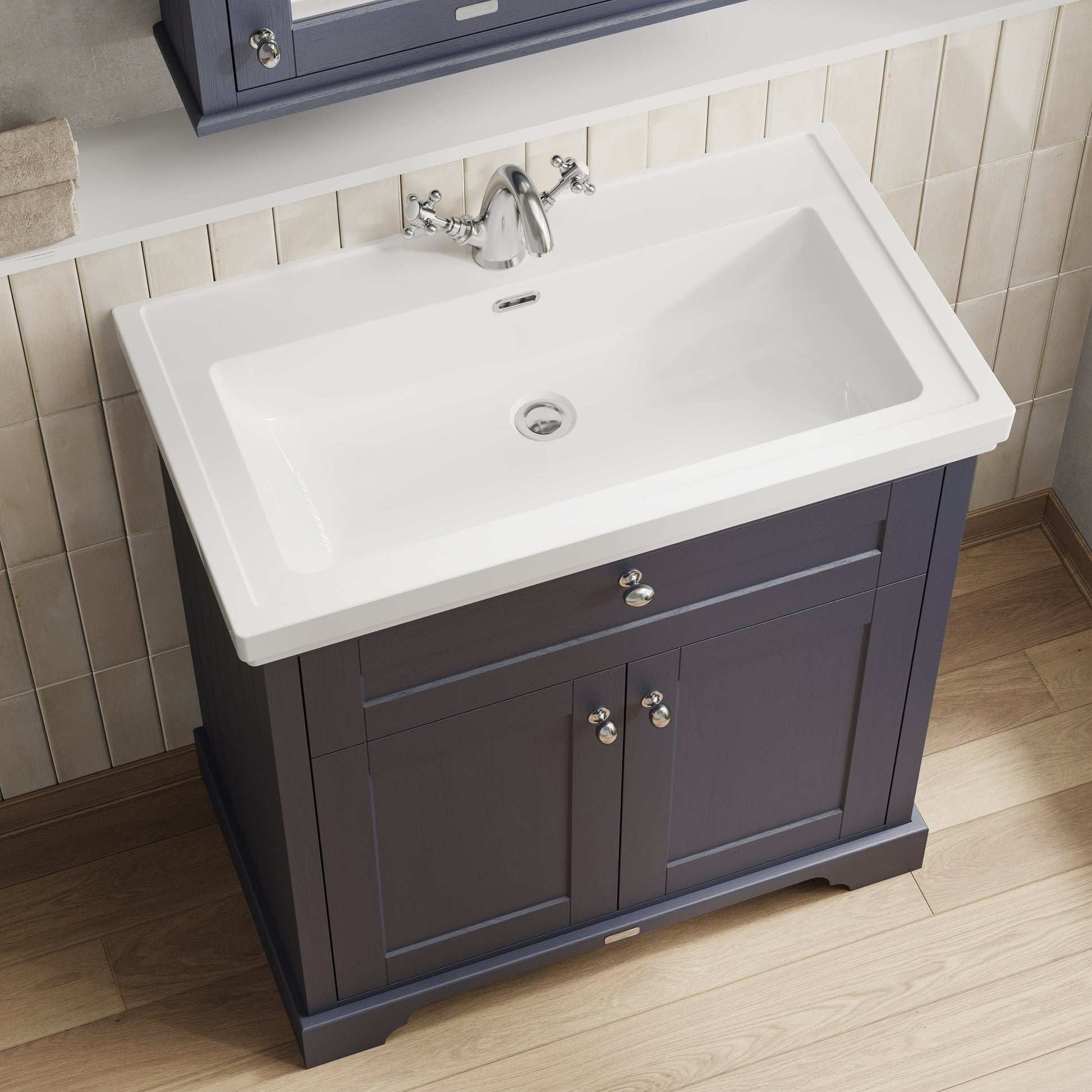 Hudson Reed Old London 800mm Twilight Blue Floor Standing 2 Door Vanity Unit With 1 Tap Hole Fireclay Basin