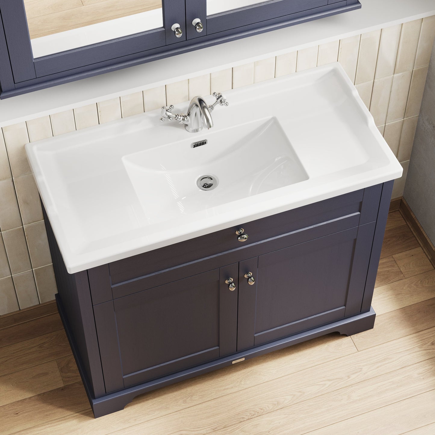 Hudson Reed Old London Twilight Blue Floor Standing 2 Door Vanity Unit with 1 Tap Hole Ceramic Basin