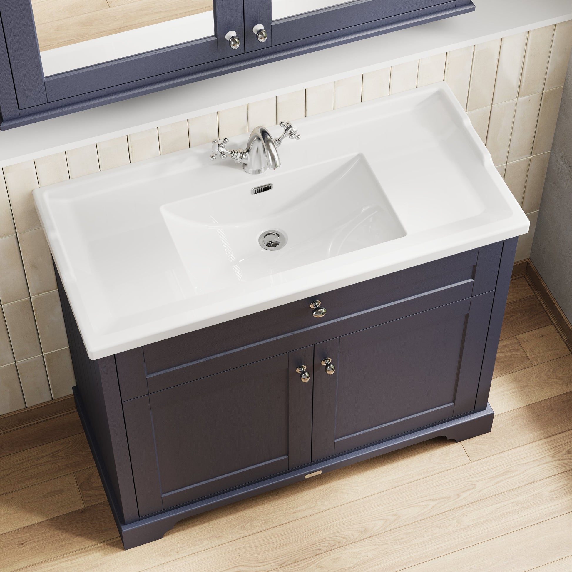 Hudson Reed Old London Twilight Blue Floor Standing 2 Door Vanity Unit with 1 Tap Hole Ceramic Basin