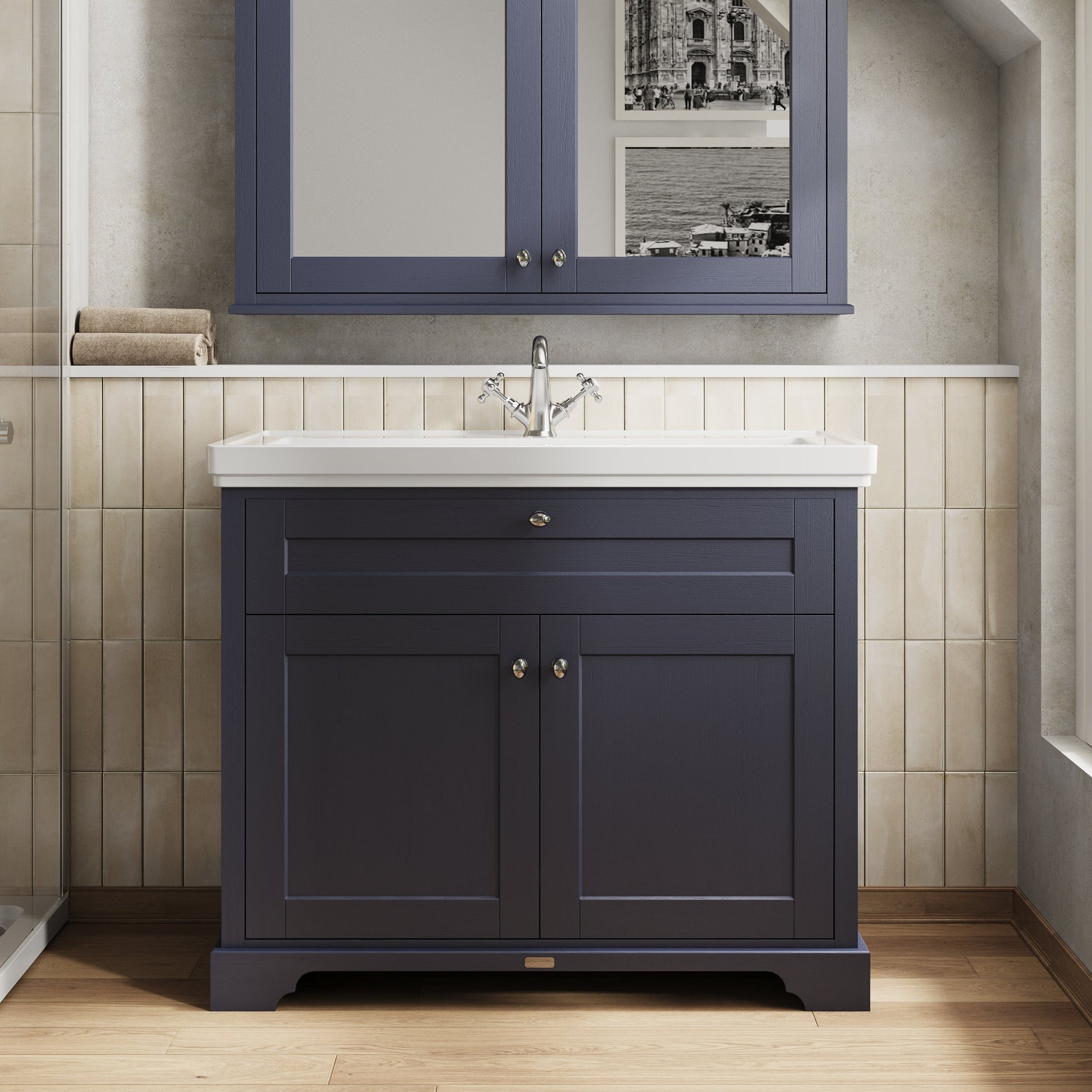 Hudson Reed Old London Traditional 1000mm Twilight Blue Floor Standing Vanity Unit With Fireclay Basin
