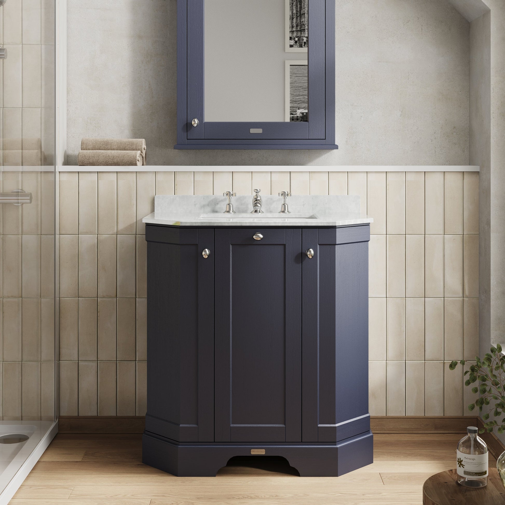 Hudson Reed Old London 750mm Twilight Blue Floor Standing 3 Door Vanity Unit With 3 Tap Hole White Marble Top Basin