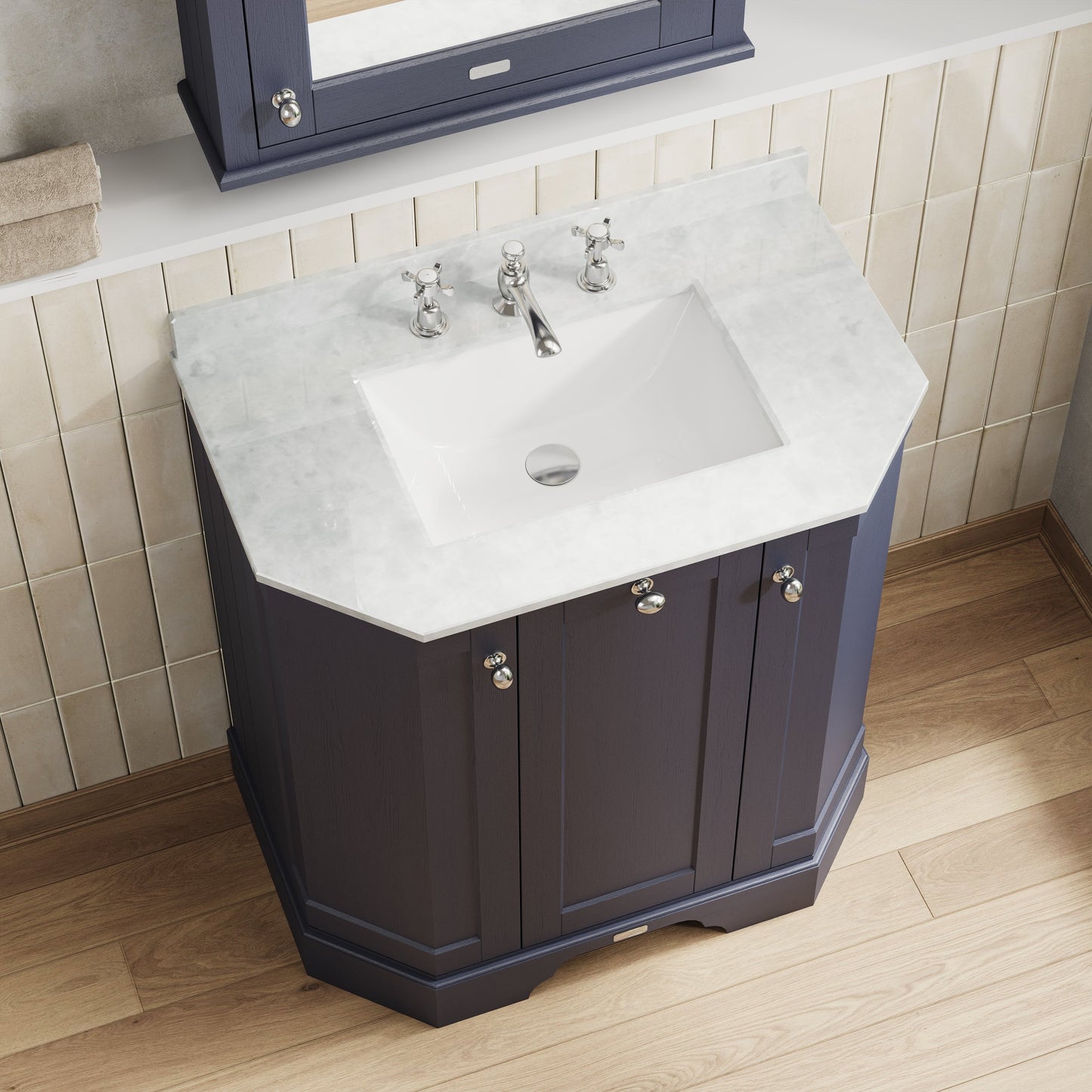 Hudson Reed Old London 750mm Twilight Blue Floor Standing 3 Door Vanity Unit With 3 Tap Hole White Marble Top Basin