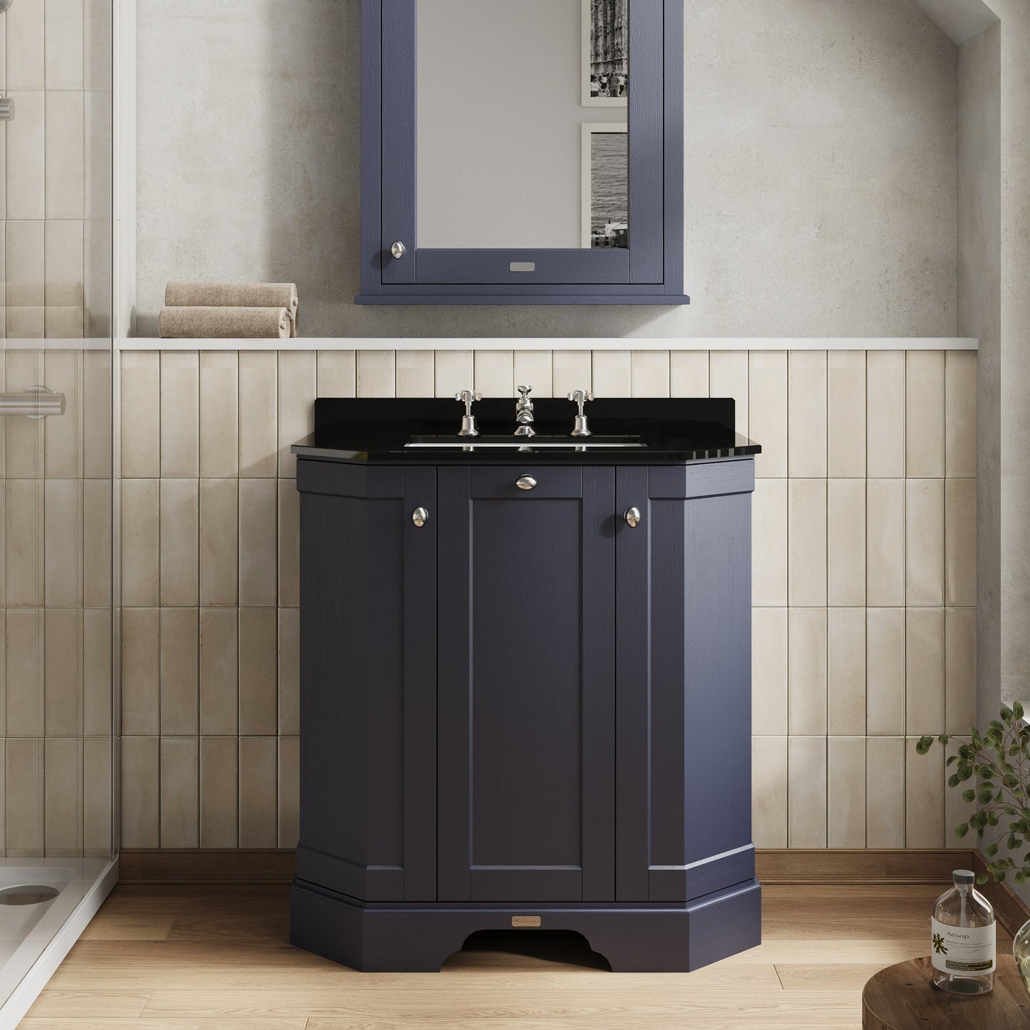 Hudson Reed Old London 750mm Floor Standing 3 Door Vanity Unit with 3 Tap Hole Black Marble Top Basin