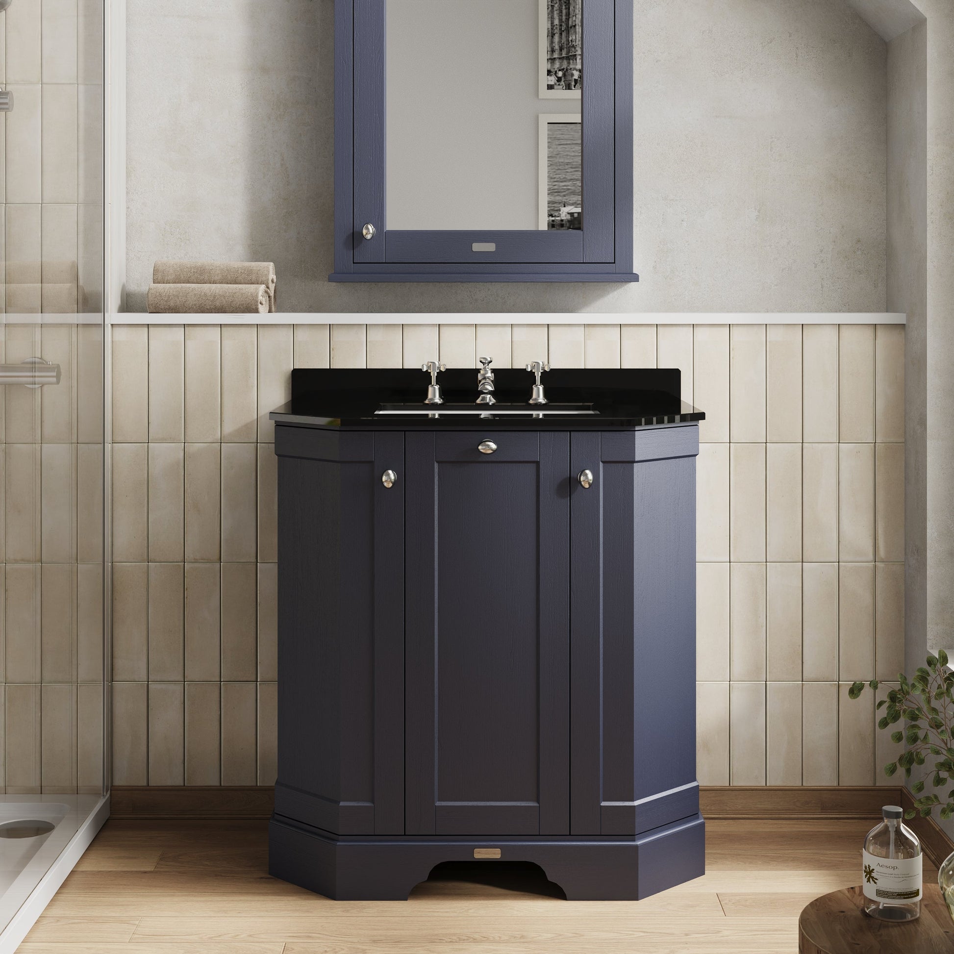 Hudson Reed Old London 750mm Floor Standing 3 Door Vanity Unit with 3 Tap Hole Black Marble Top Basin