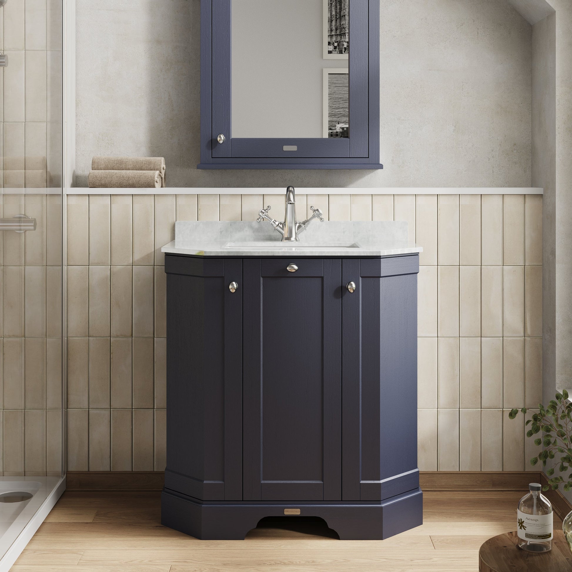 Floor Standing 3 Door Angled Vanity Unit with 1 Tap Hole White Marble Top 750mm