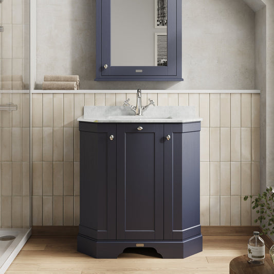 Floor Standing 3 Door Angled Vanity Unit with 1 Tap Hole White Marble Top 750mm