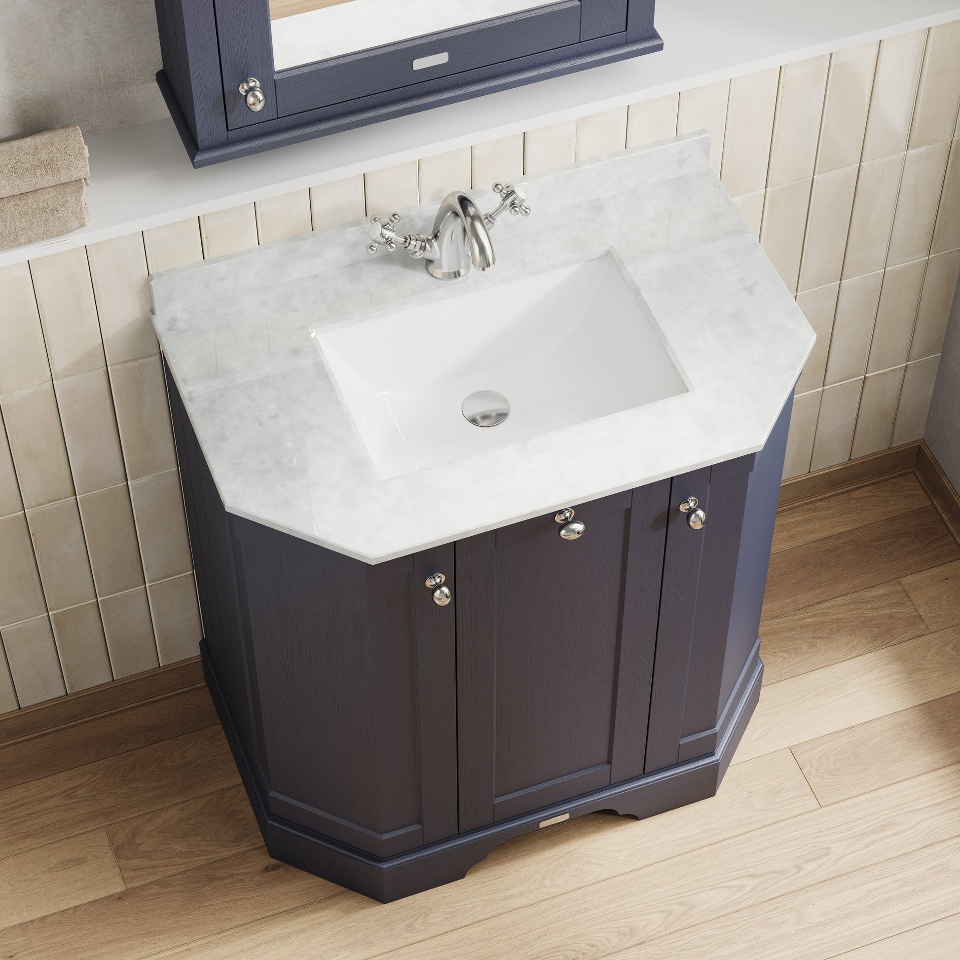 Floor Standing 3 Door Angled Vanity Unit with 1 Tap Hole White Marble Top 750mm