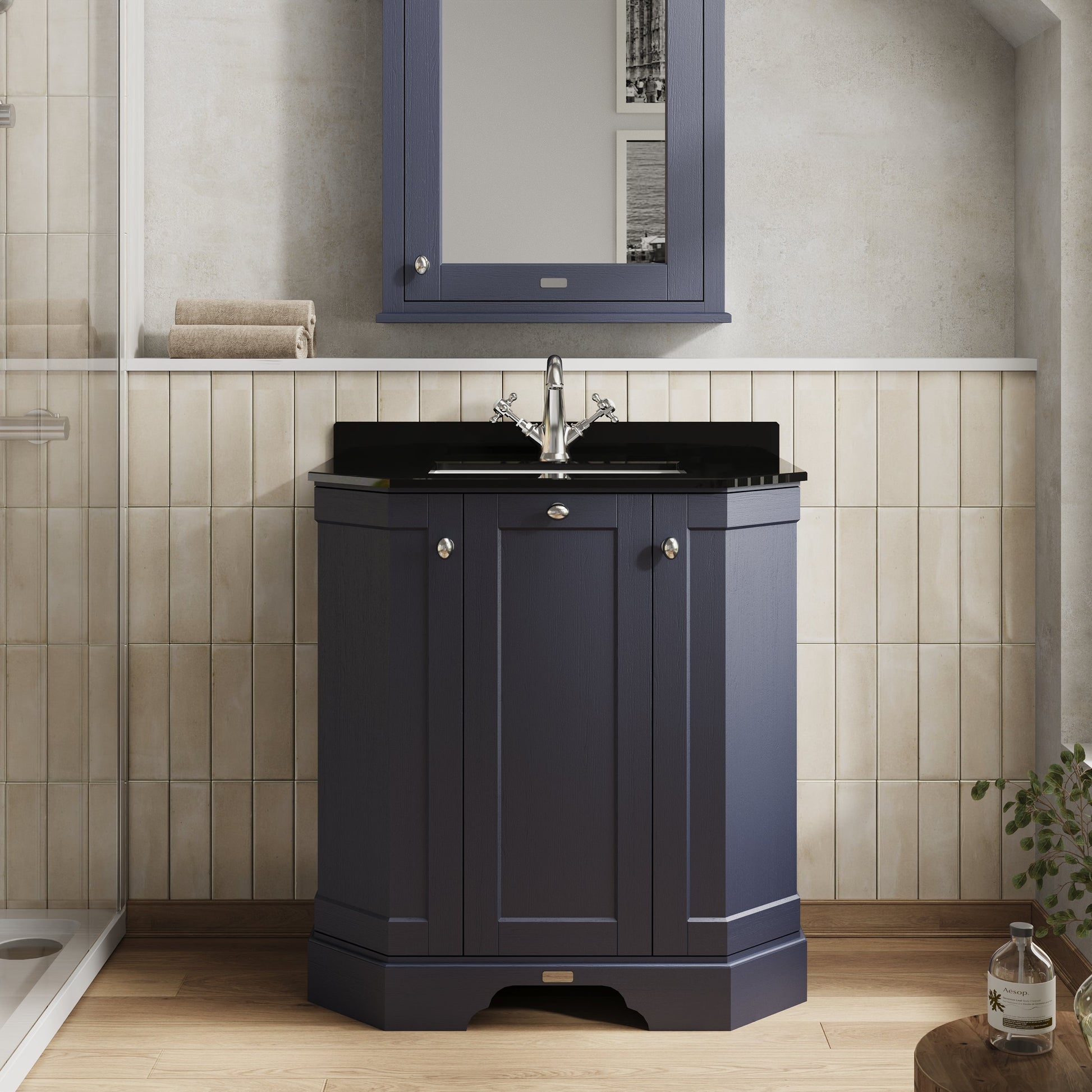 Hudson Reed Old London Twilight Blue Floor Standing 3 Door Vanity Unit With Black Marble Top Basin
