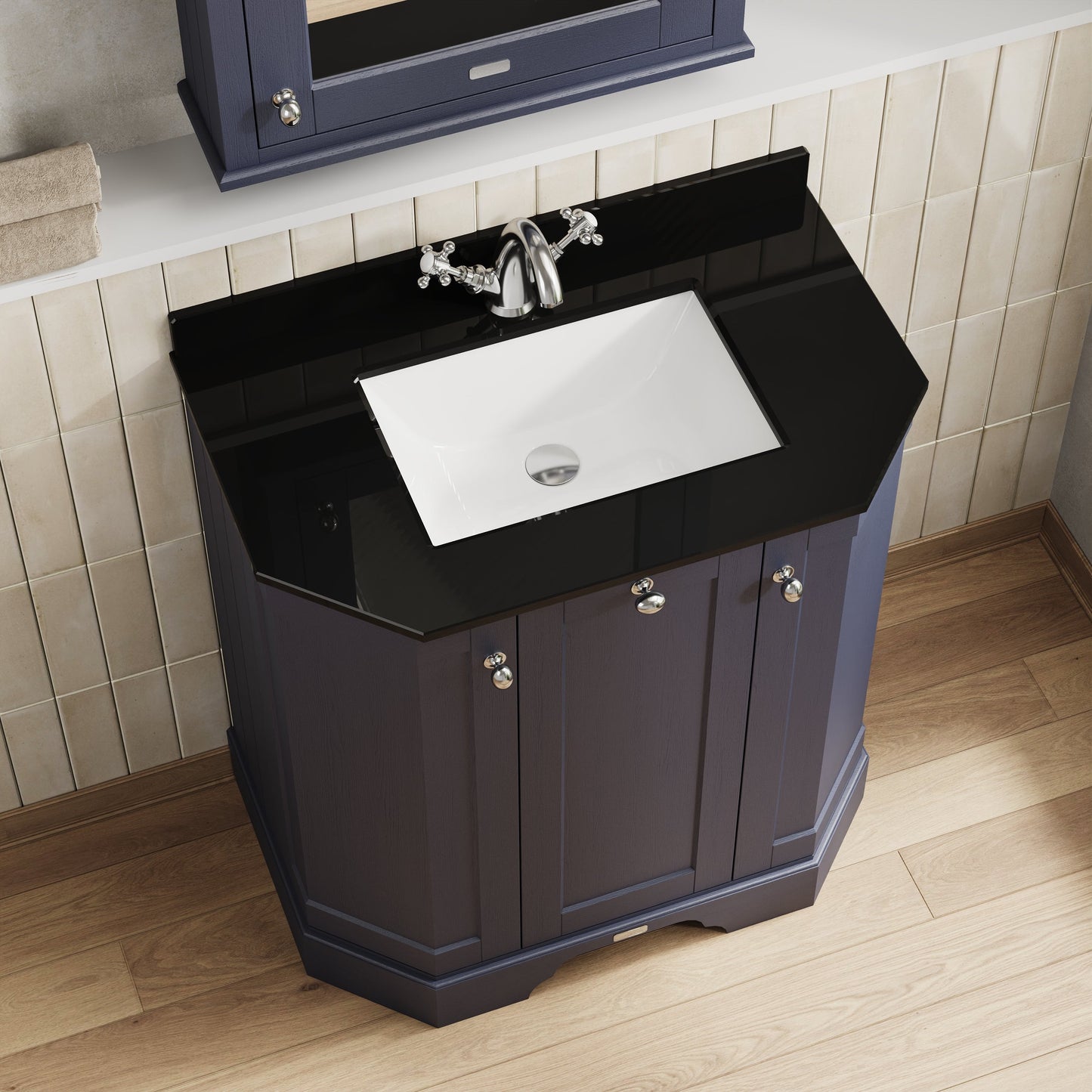 Hudson Reed Old London Twilight Blue Floor Standing 3 Door Vanity Unit With Black Marble Top Basin