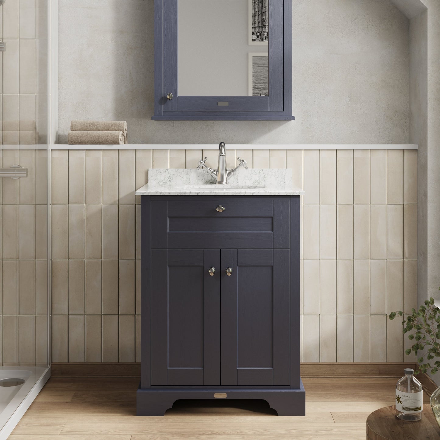 Floor Standing 2 Door Vanity Unit with 1 Tap Hole Grey Marble Top 600mm