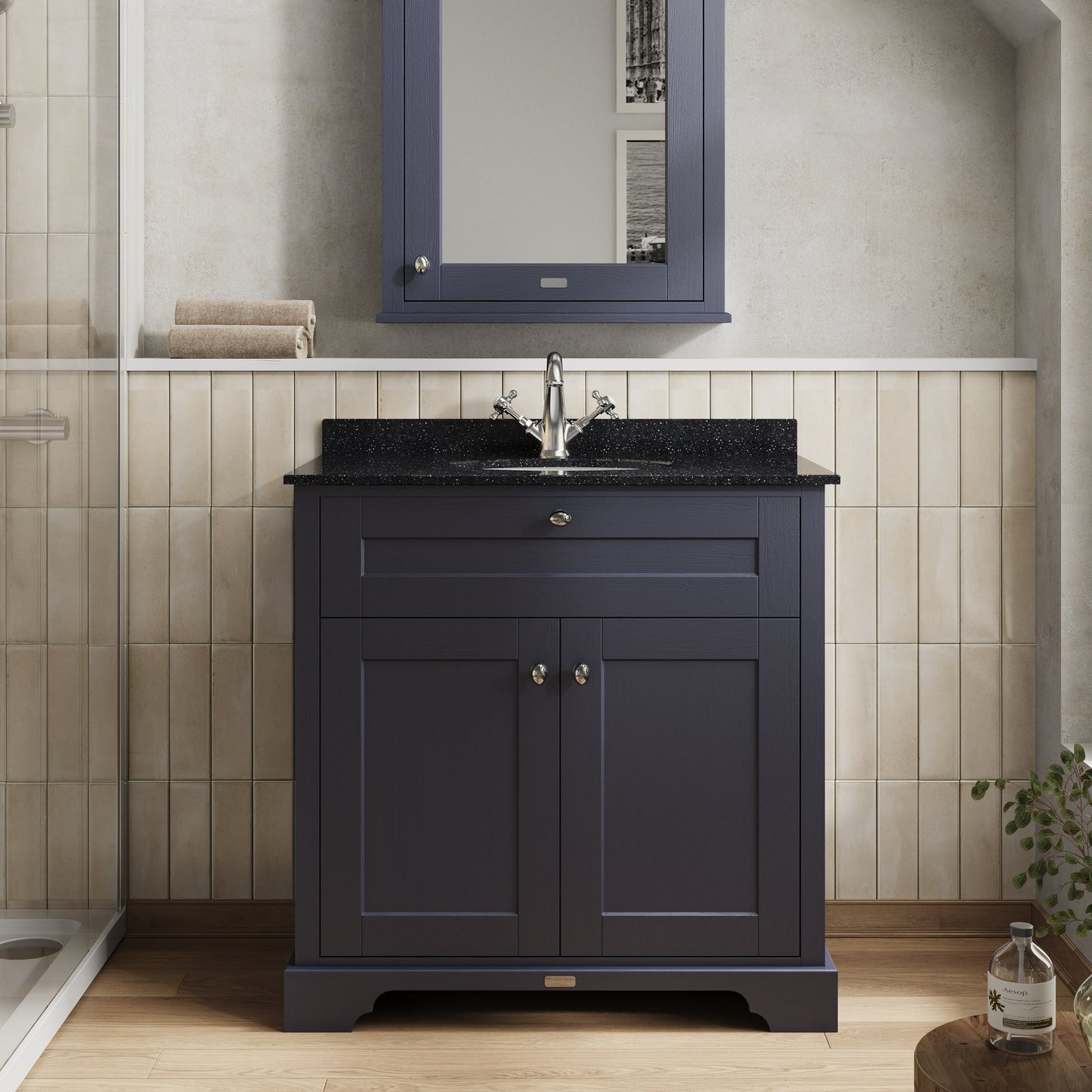 Hudson Reed Old London 820mm Twilight Blue Floor Standing 2 Door Vanity Unit with 1 Tap Hole Black Marble Top Basin