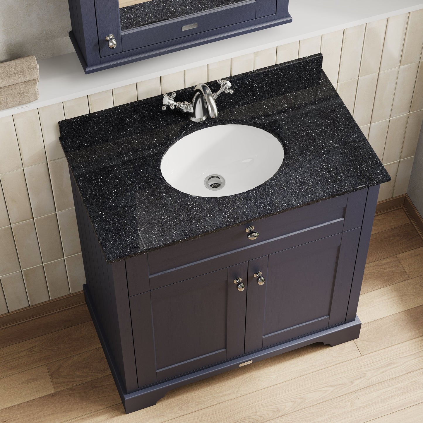 Hudson Reed Old London 820mm Twilight Blue Floor Standing 2 Door Vanity Unit with 1 Tap Hole Black Marble Top Basin