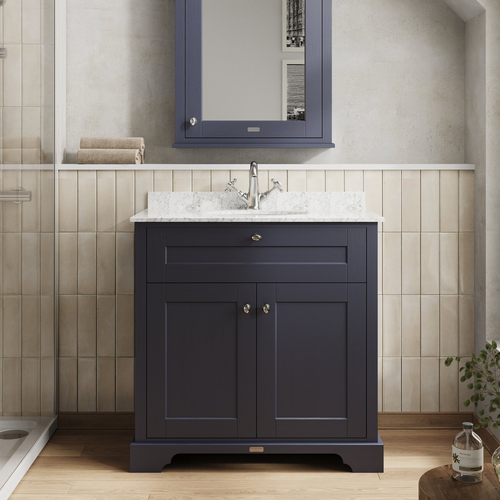 Floor Standing 2 Door Vanity Unit with 1 Tap Hole Grey Marble Top 800mm