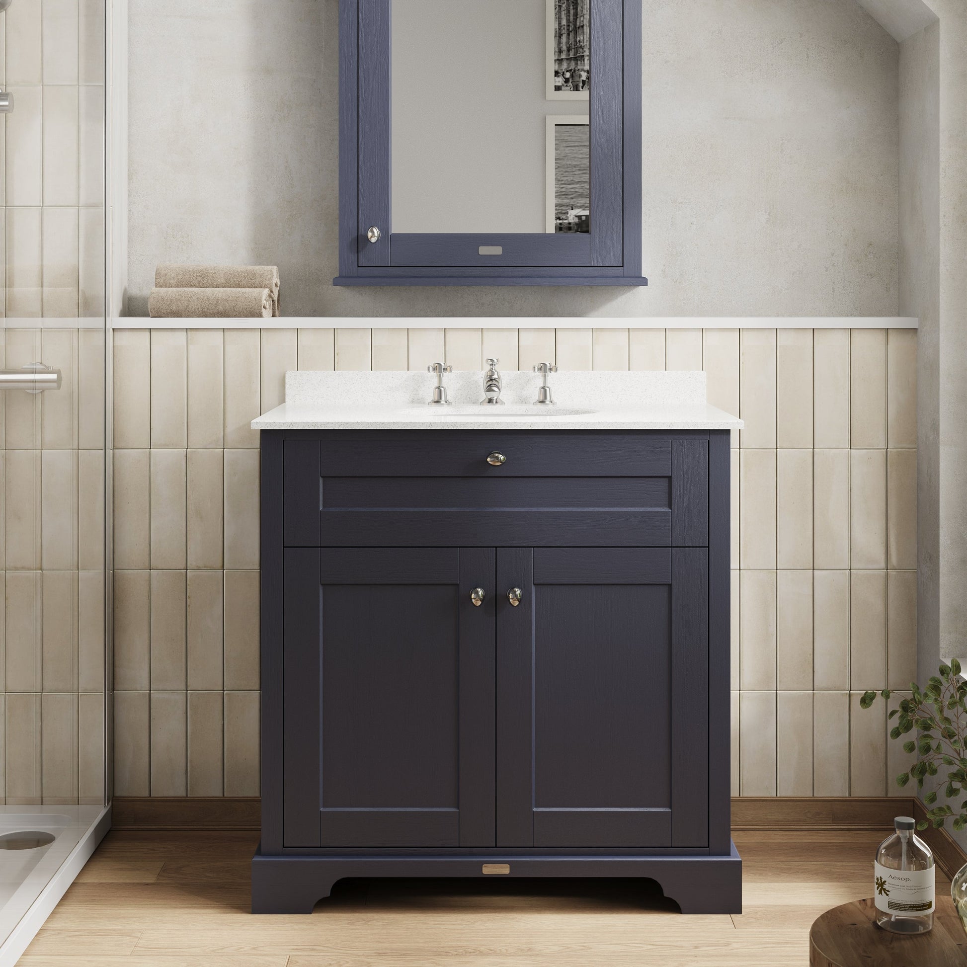 Hudson Reed Old London 800mm Floor Standing 2 Door Vanity Unit With 3 Tap Hole White Marble Top Basin