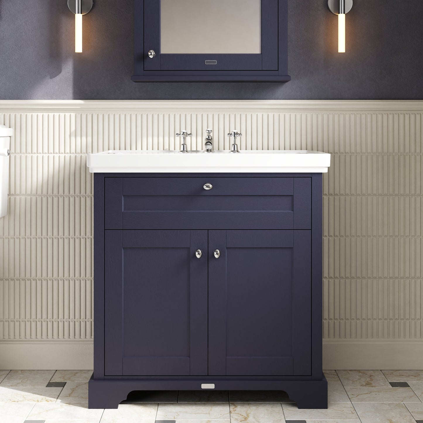 Hudson Reed Old London 800mm Twilight Blue Floor Standing 2 Door Vanity Unit Including Fireclay Basin