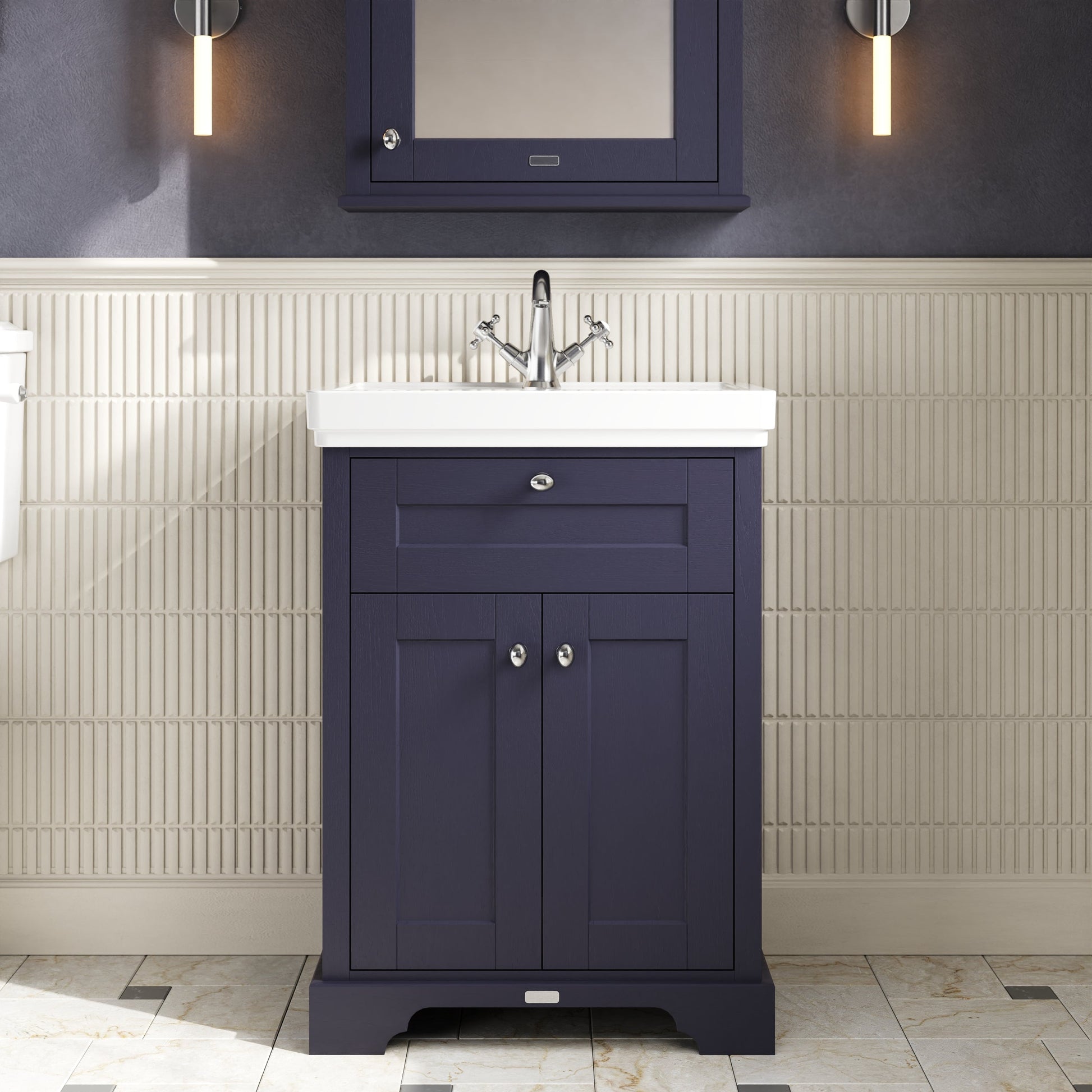 Hudson Reed Old London Twilight Blue 630mm Floor Standing 2 Door Vanity Unit With Fireclay Basin