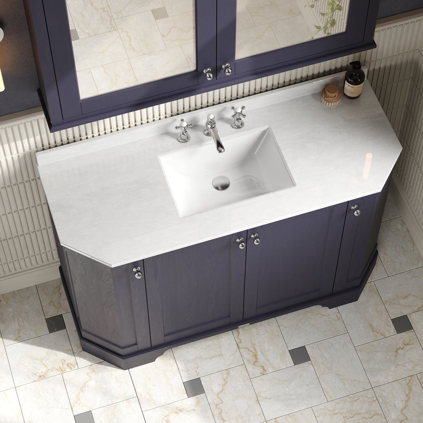 Hudson Reed Old London 1236mm Twilight Blue Floor Standing 4 Door Vanity Unit with 3 Tap Hole White Marble Top Basin
