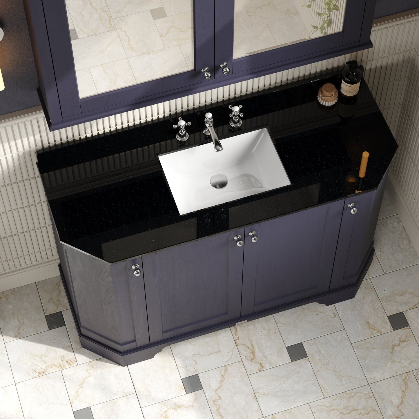 Hudson Reed Old London 1200mm Twilight Blue Floor Standing 4 Door Vanity Unit With Black Marble Top Basin