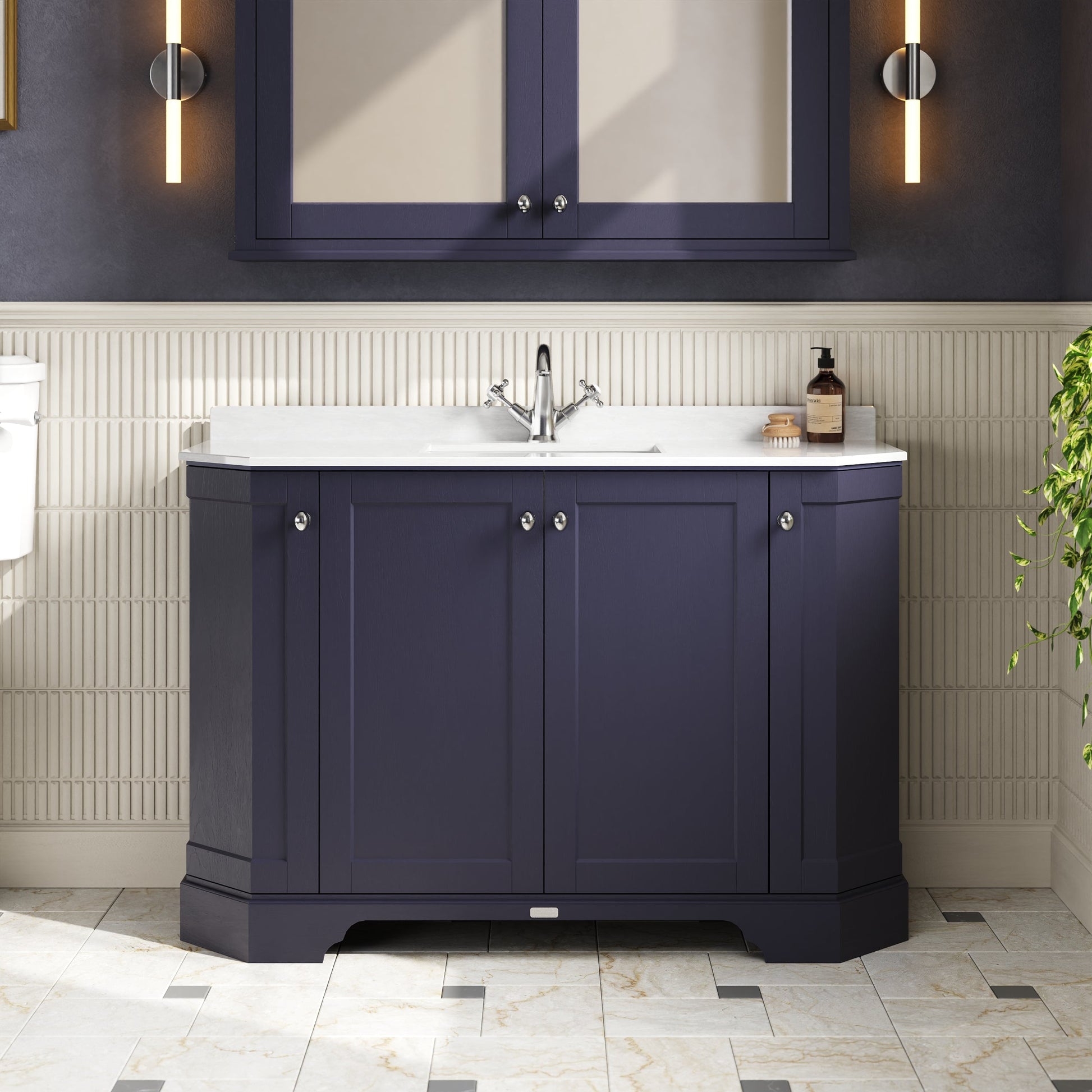 Floor Standing 4 Door Angled Vanity Unit with 1 Tap Hole White Marble Top 1200mm