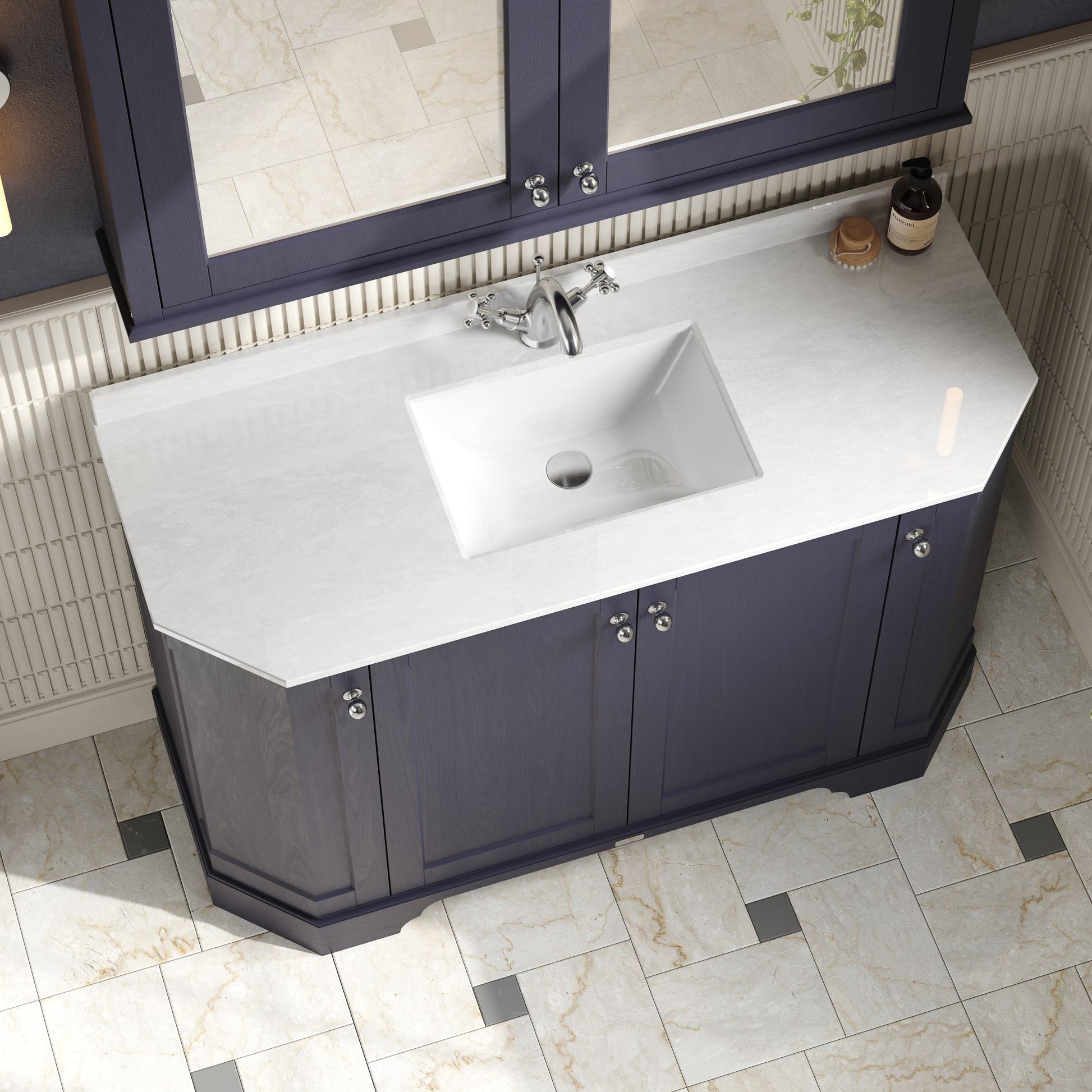 Floor Standing 4 Door Angled Vanity Unit with 1 Tap Hole White Marble Top 1200mm