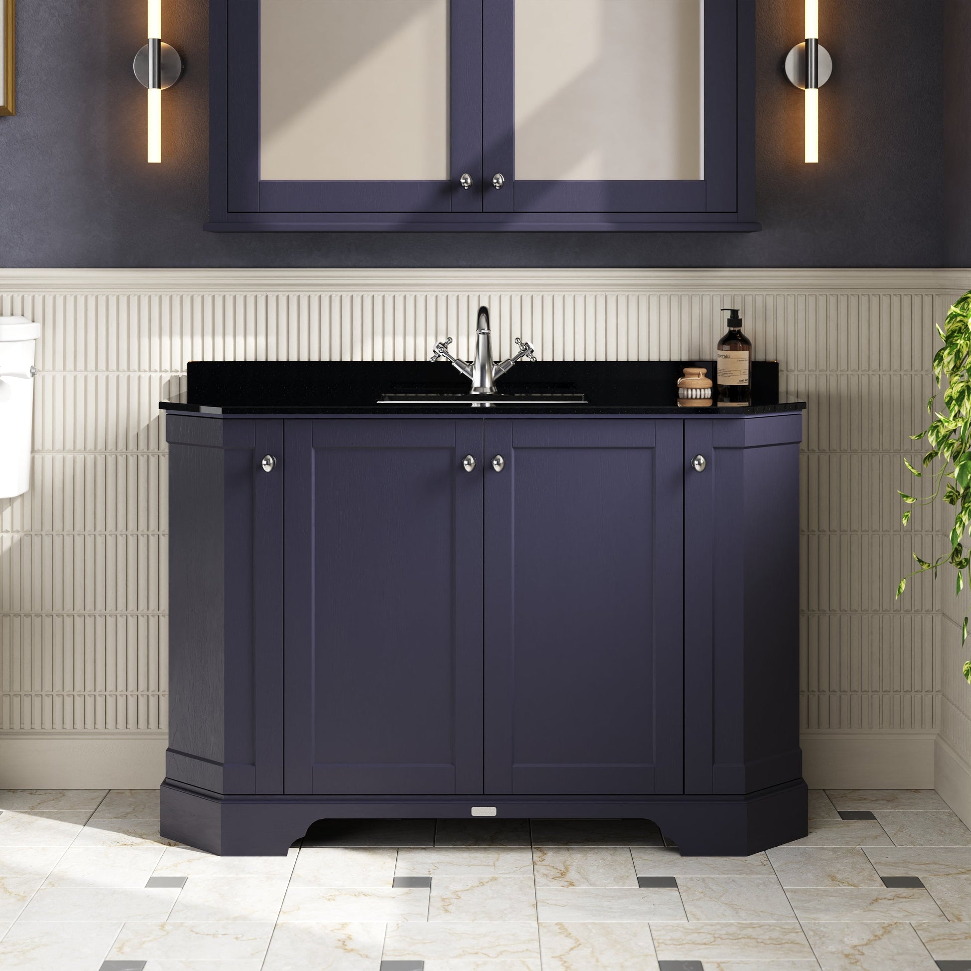 Hudson Reed Old London 1236mm Twilight Blue Floor Standing 4 Door Angled Vanity Unit With Black Marble Top Basin