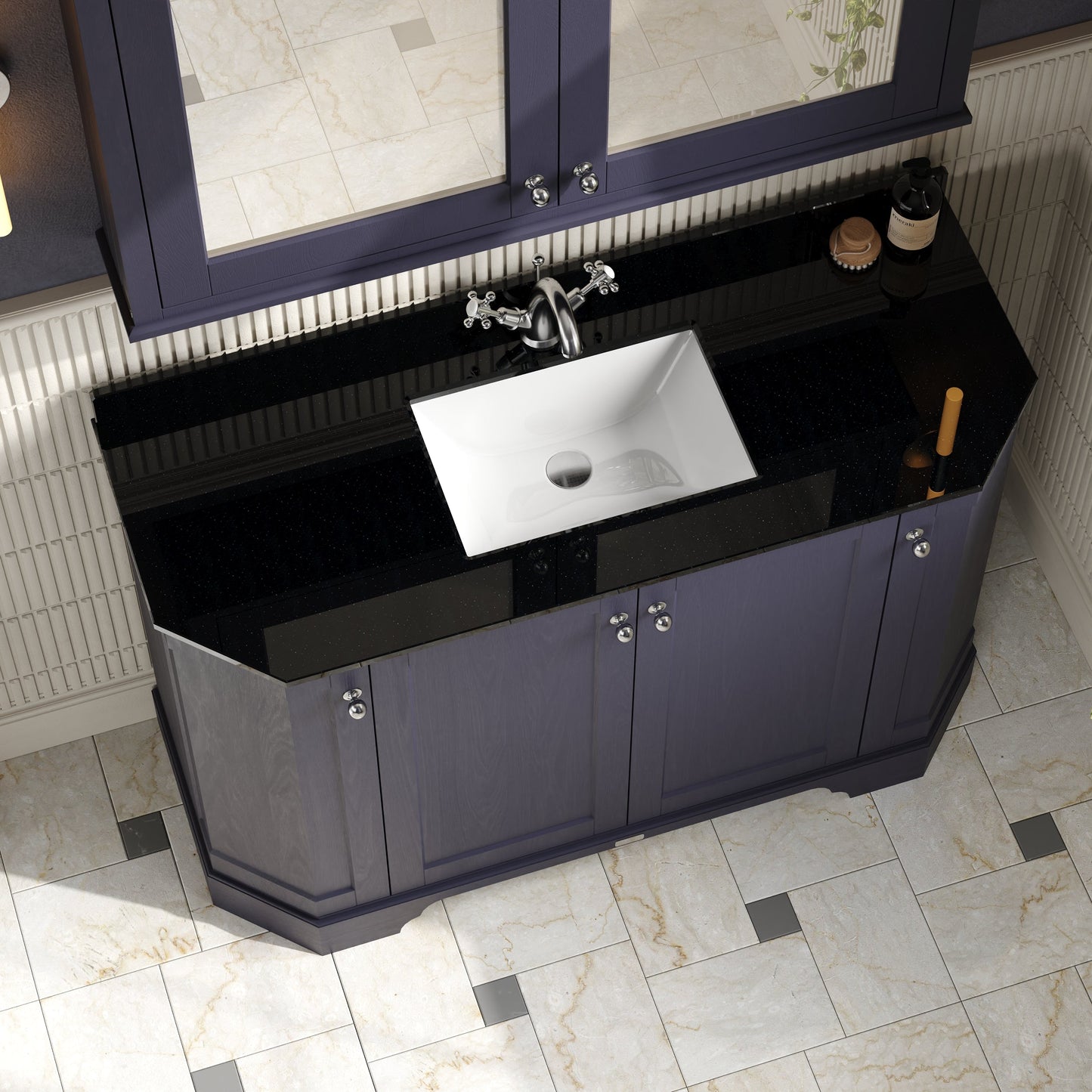 Hudson Reed Old London 1236mm Twilight Blue Floor Standing 4 Door Angled Vanity Unit With Black Marble Top Basin