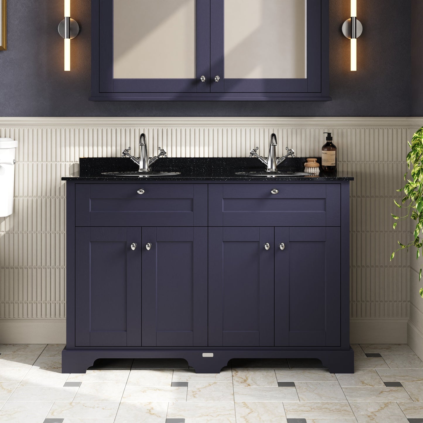 Floor Standing 4 Door Vanity Unit with 1 Tap Hole Double Basin Black Marble Top 1200mm