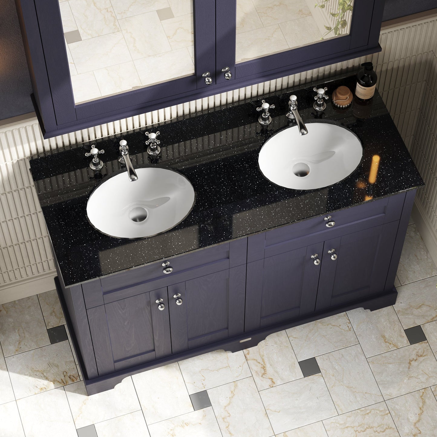 Hudson Reed Old London 1220mm Floor Standing 4 Door Double Basin Vanity Unit With Black Marble Top