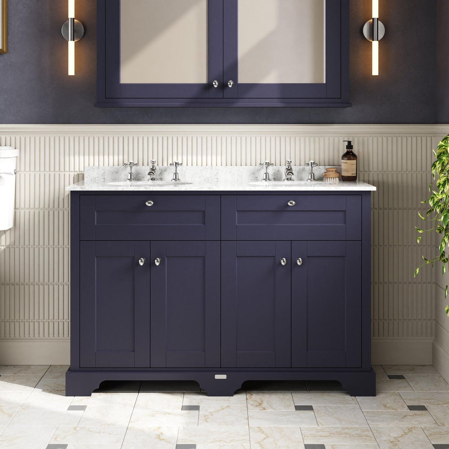 Hudson Reed Old London 1220mm Twilight Blue Floor Standing 4 Door Vanity Unit With Grey Marble Top Double Basin