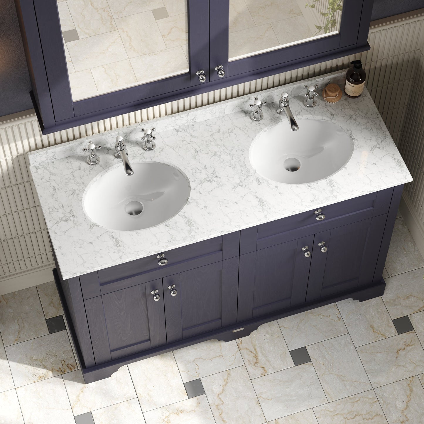 Hudson Reed Old London 1220mm Twilight Blue Floor Standing 4 Door Vanity Unit With Grey Marble Top Double Basin
